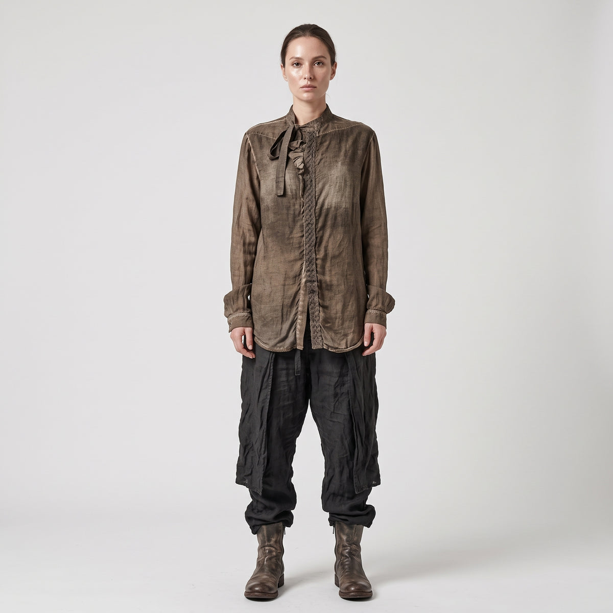 Tie-Neck Ruffled Linen Shirt