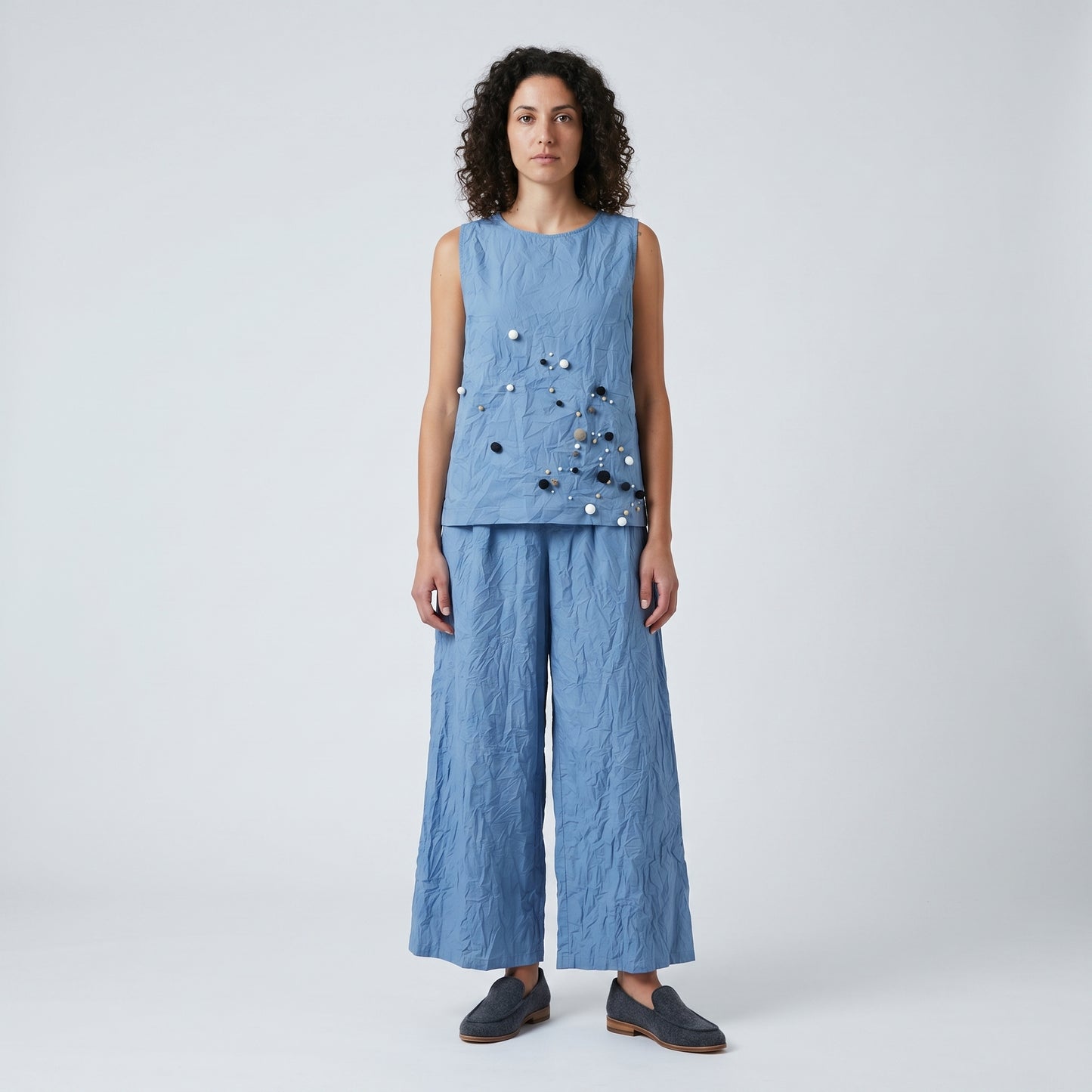 Crinkled Embellished Sleeveless Top