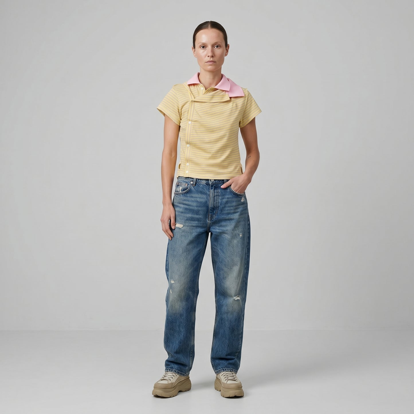 Asymmetric Striped Polo Shirt