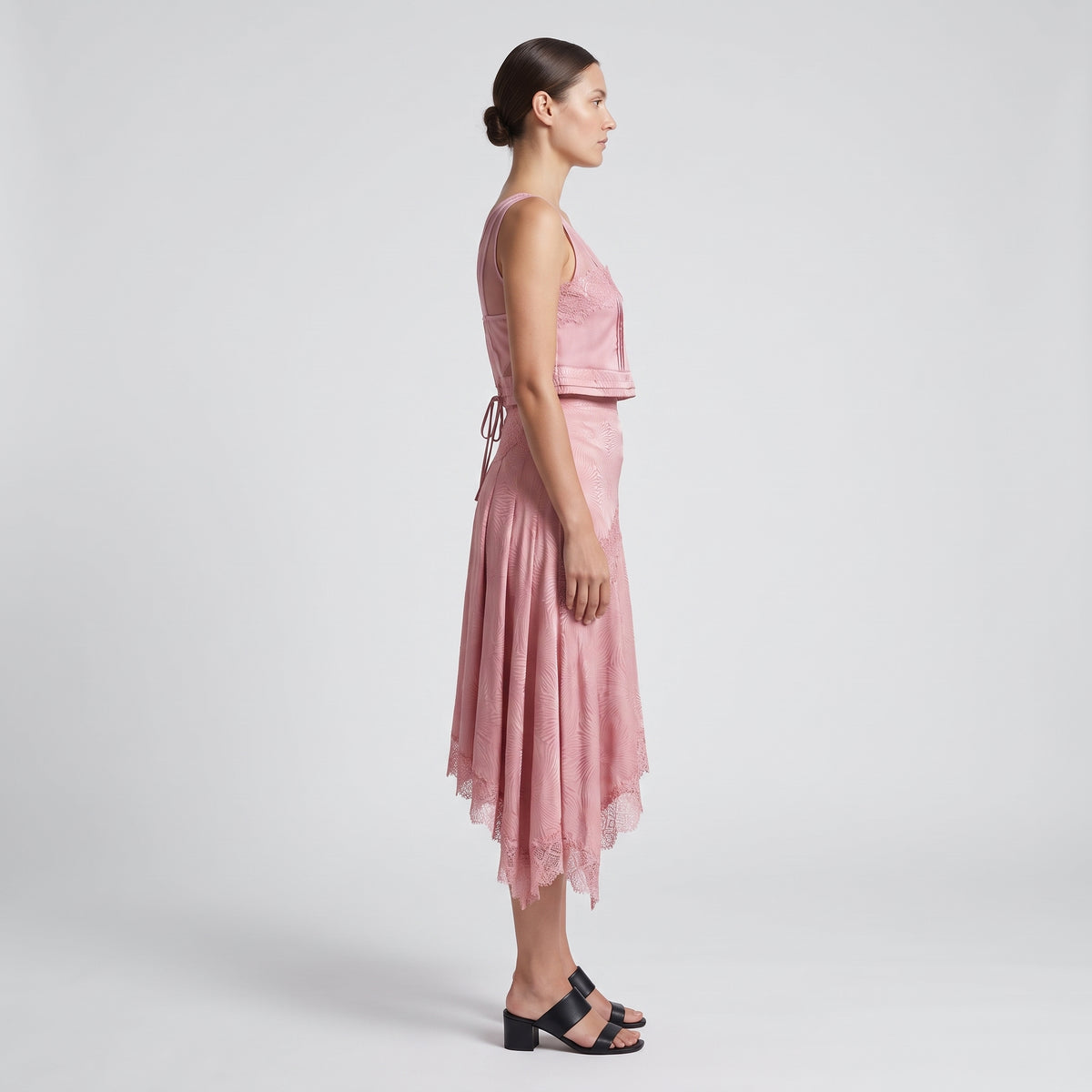 Lace-Trimmed Pink Satin Skirt