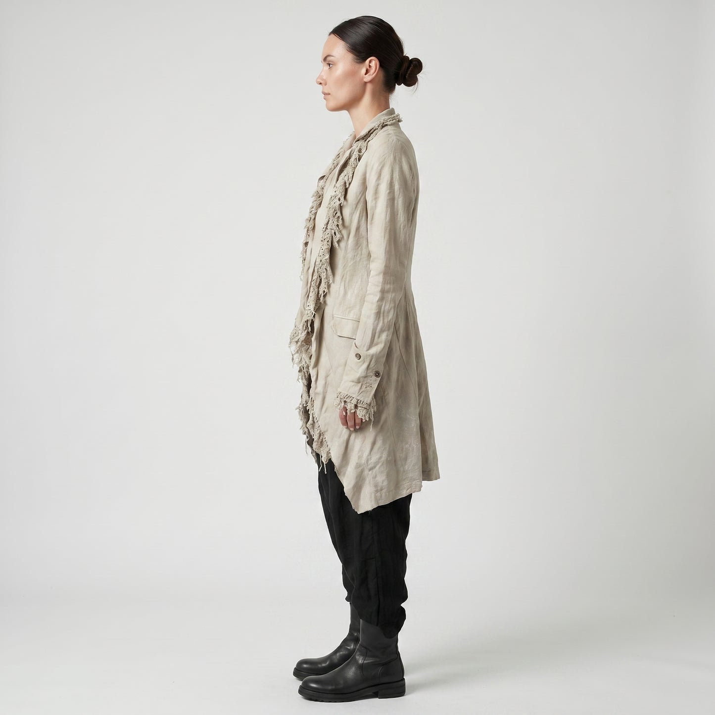 Deconstructed Lace Trim Linen Coat