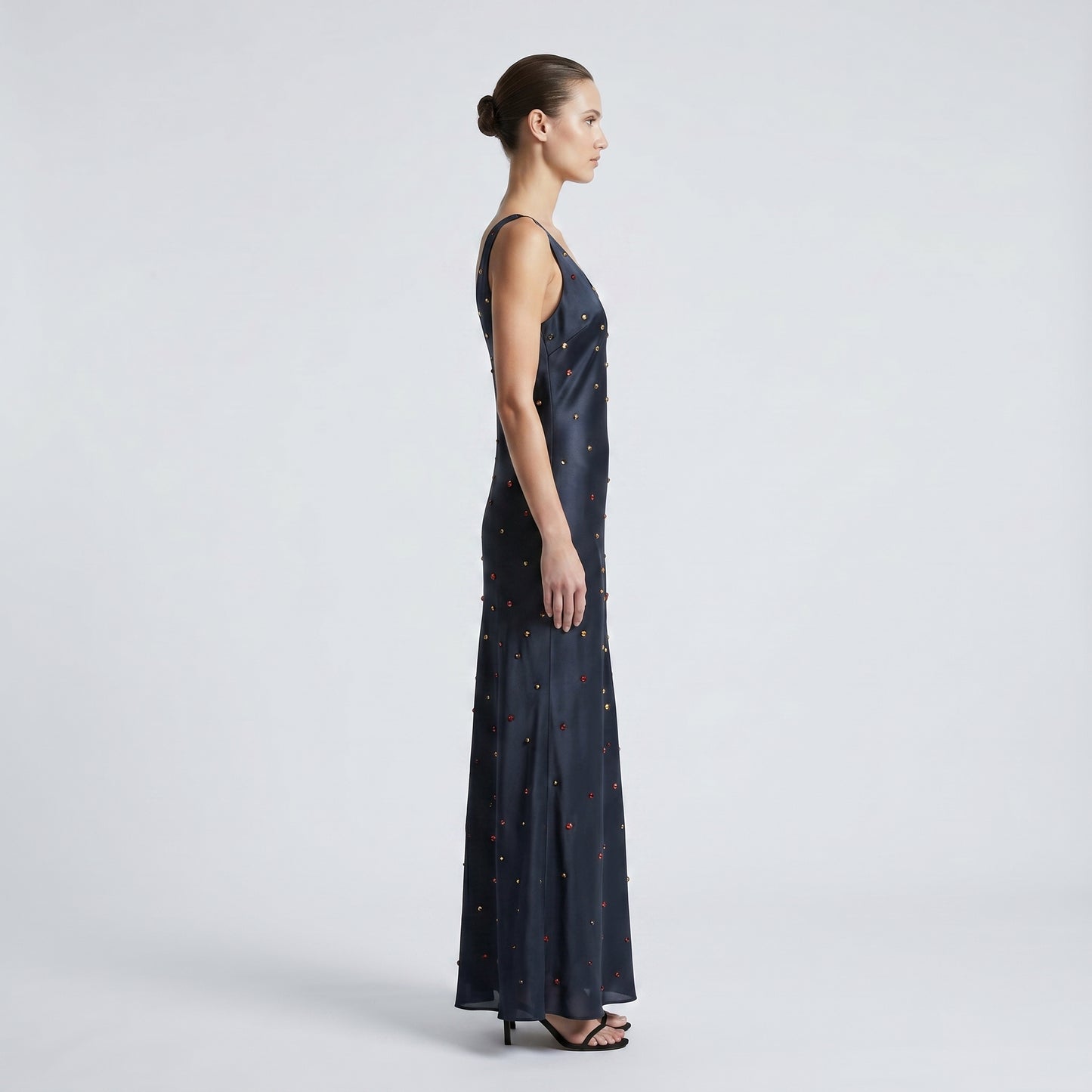 Embellished Black Satin Maxi Dress