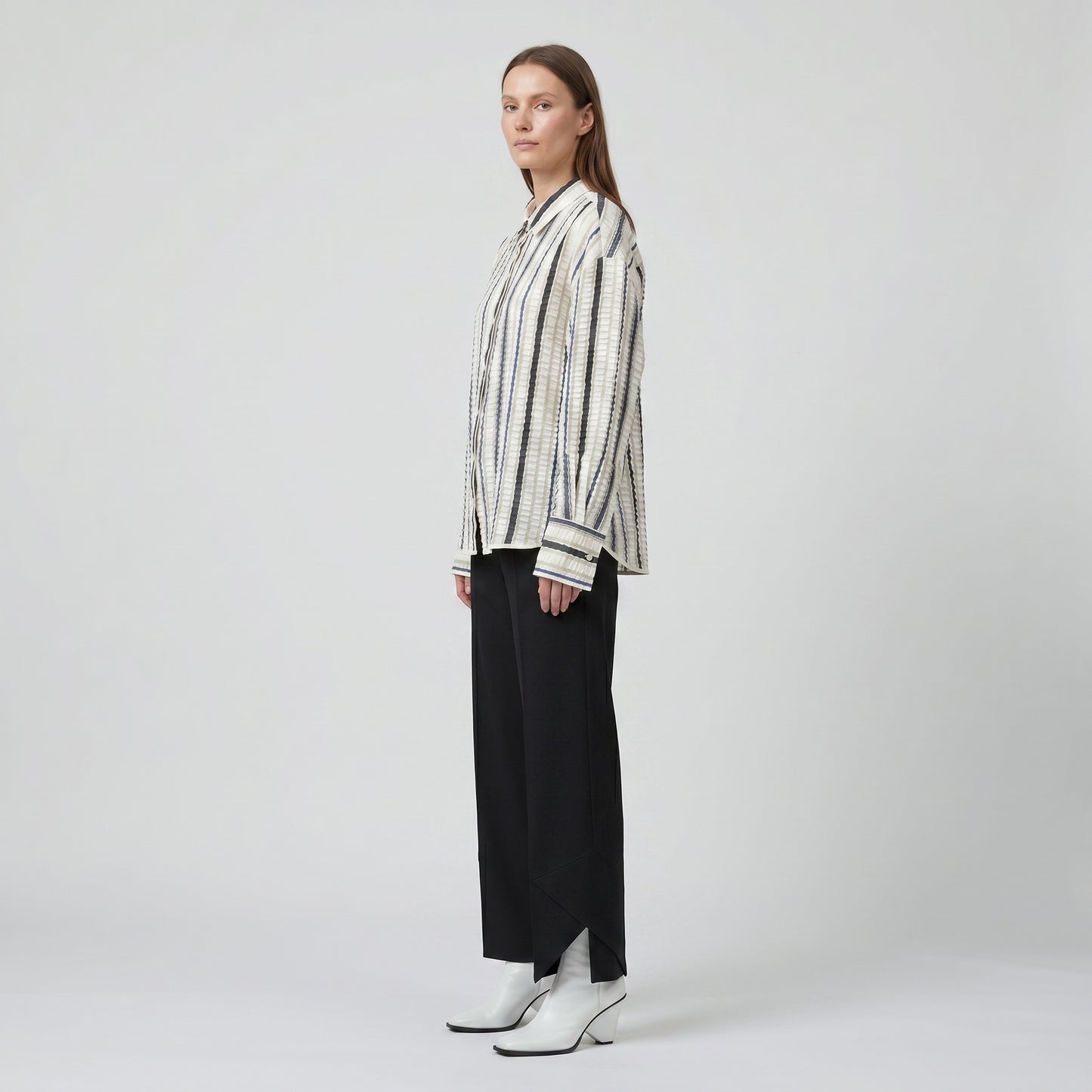 Striped Puckered Button-Down Shirt