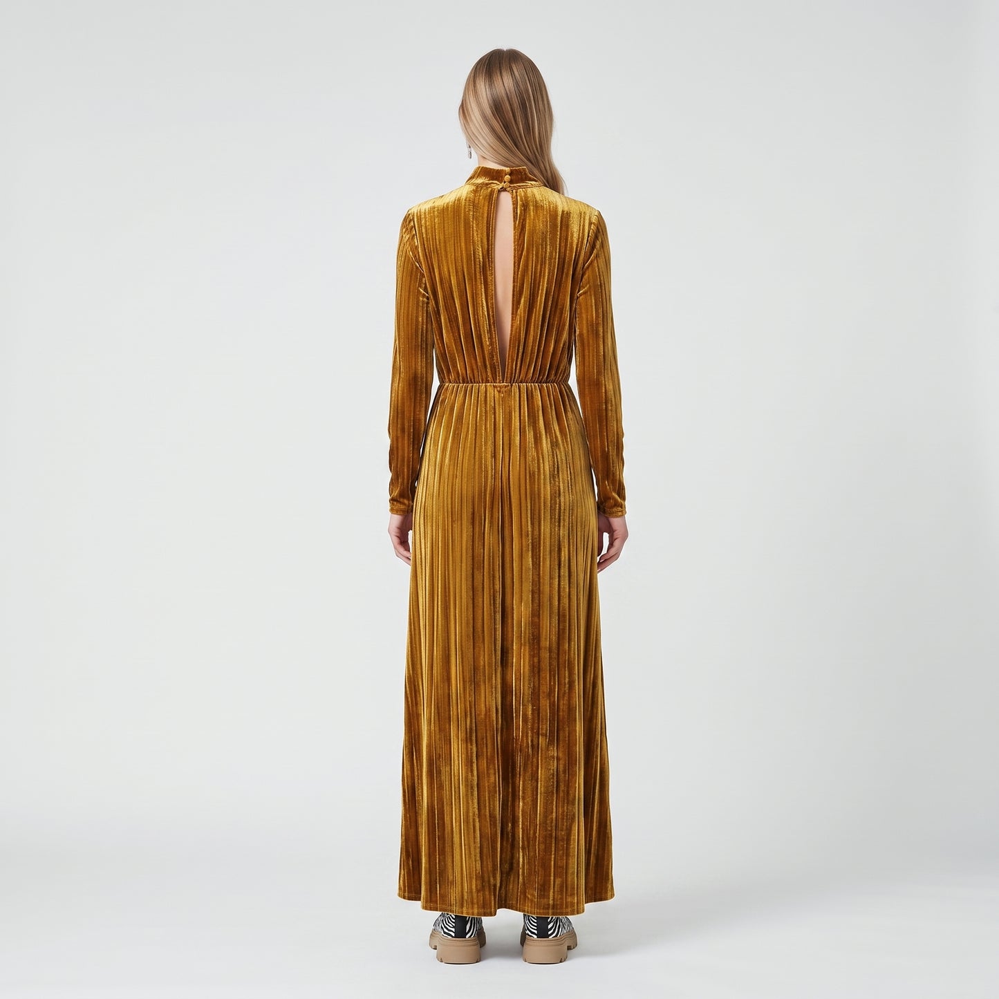 Metallic Gold Velvet Midi Dress