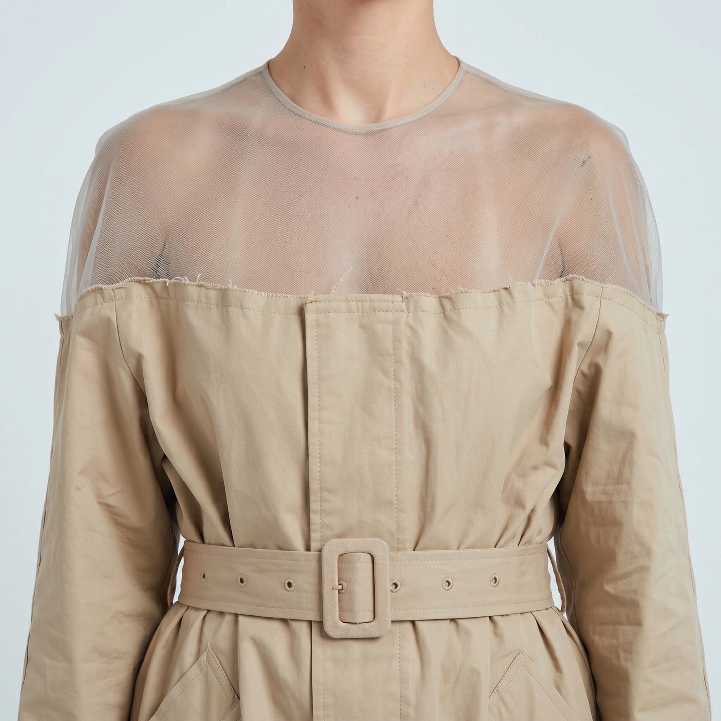 Sheer Yoke Belted Trench Coat