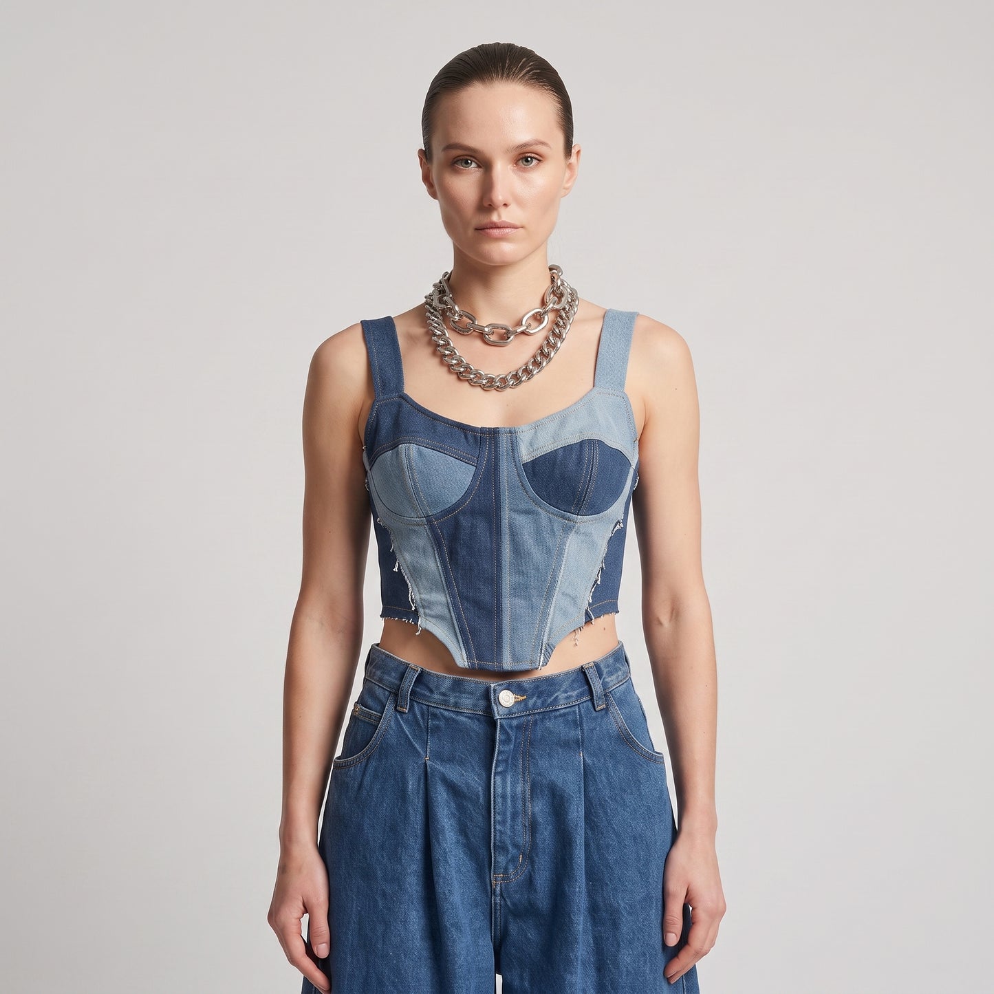 Pleated Wide Leg Denim Jeans