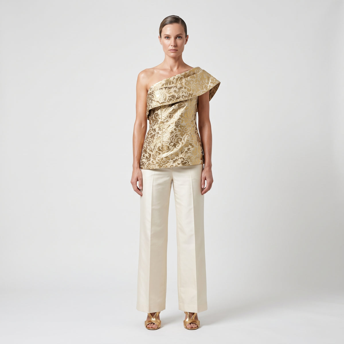Metallic Gold Brocade One-Shoulder Top