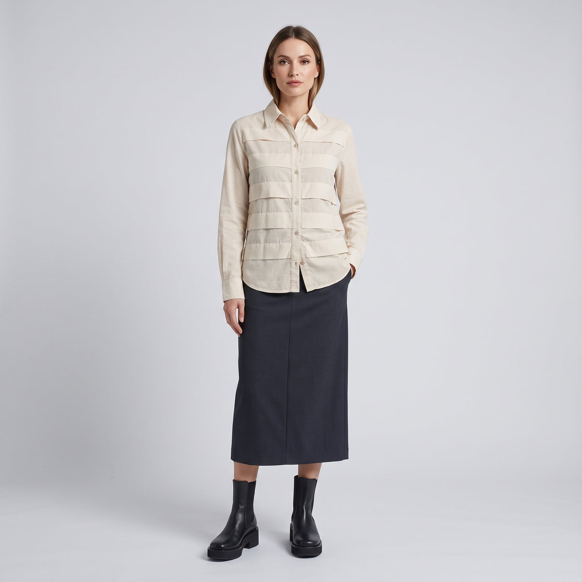 Paneled Long Sleeve Cotton Shirt
