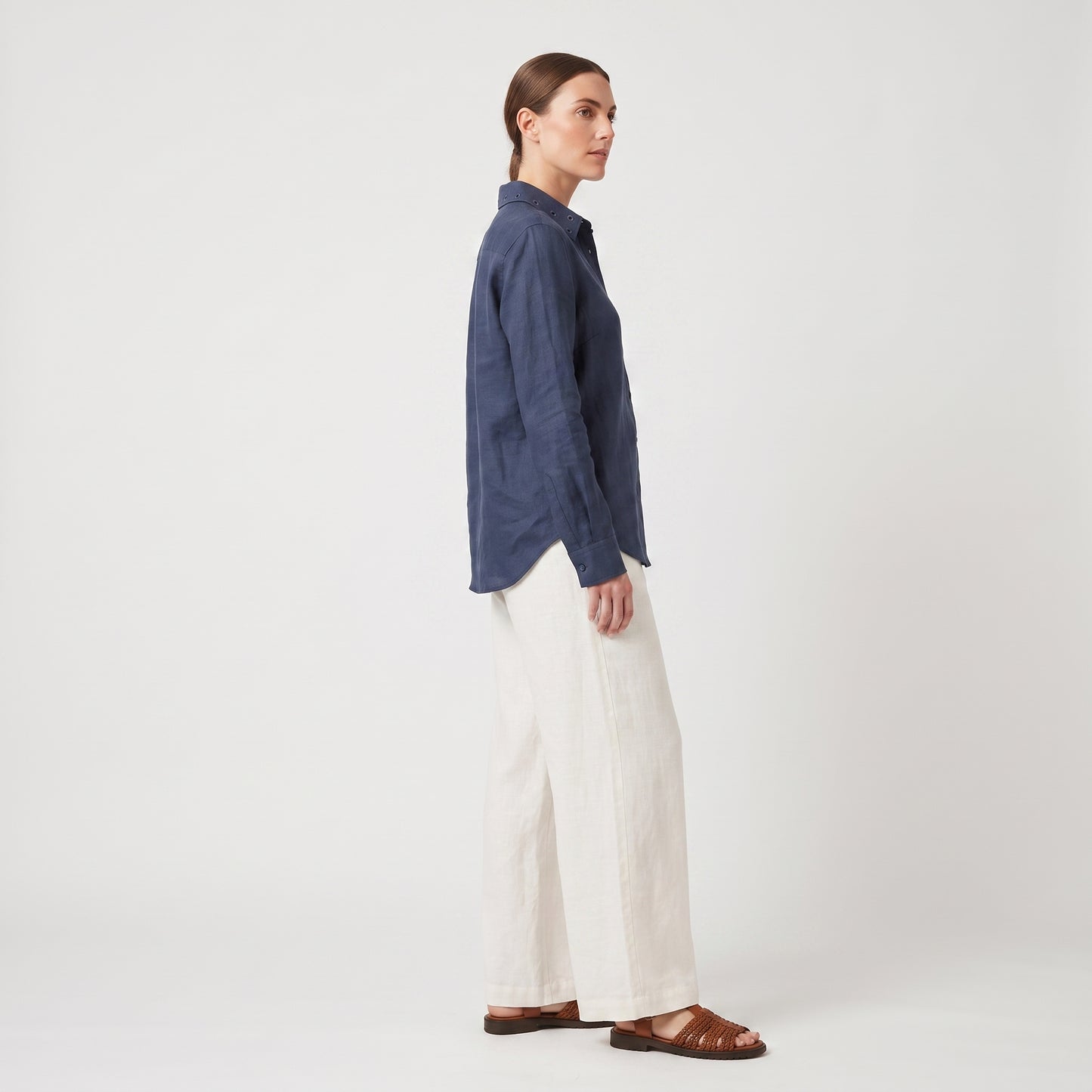 Navy Blue Linen Button-Down Shirt