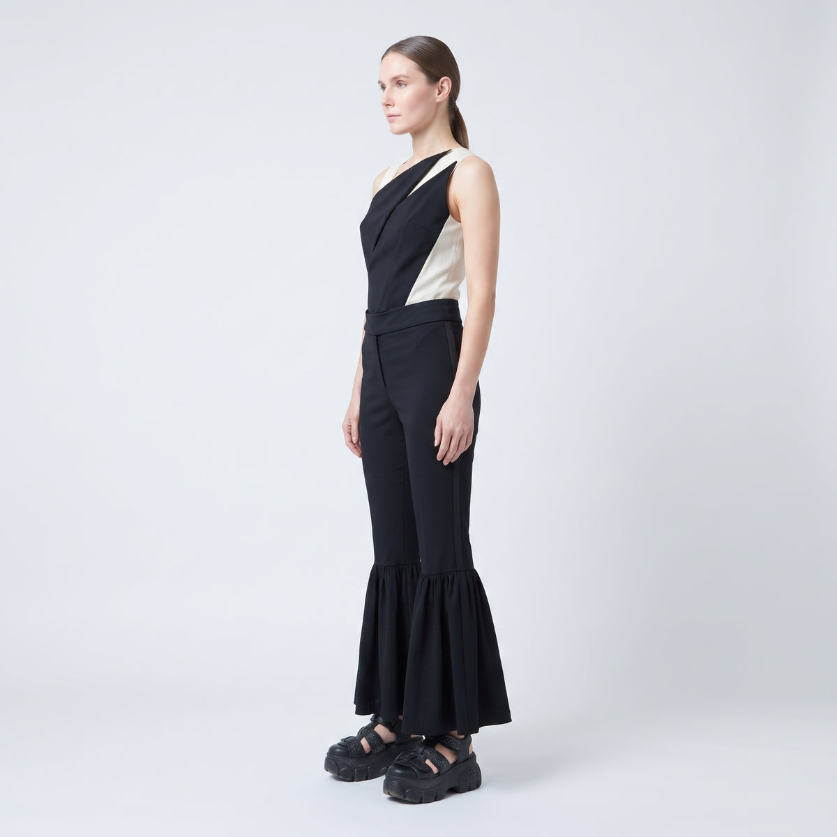 Black Ruffled Hem Tailored Trousers