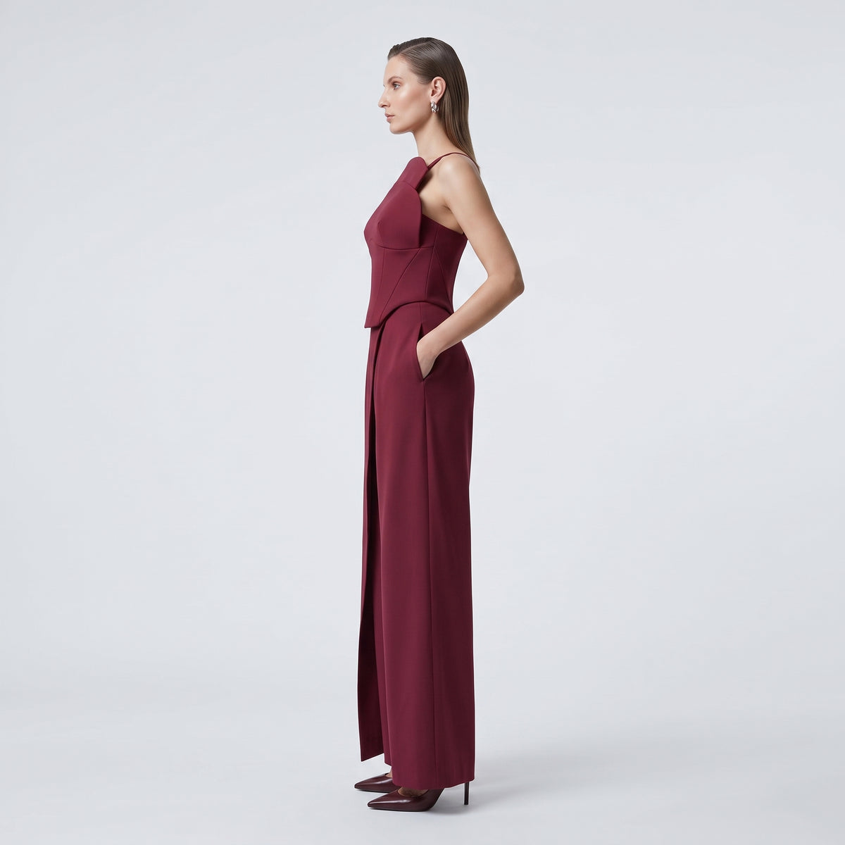 Burgundy High-Waisted Wrap Trousers