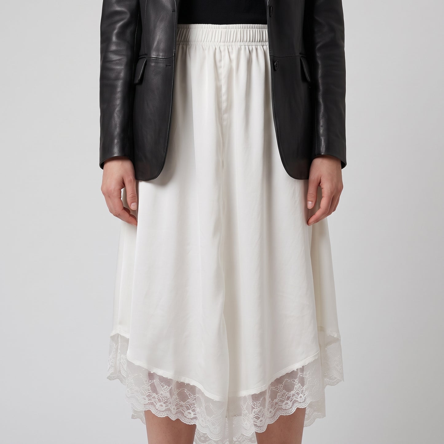 Lace Trim Satin Midi Skirt