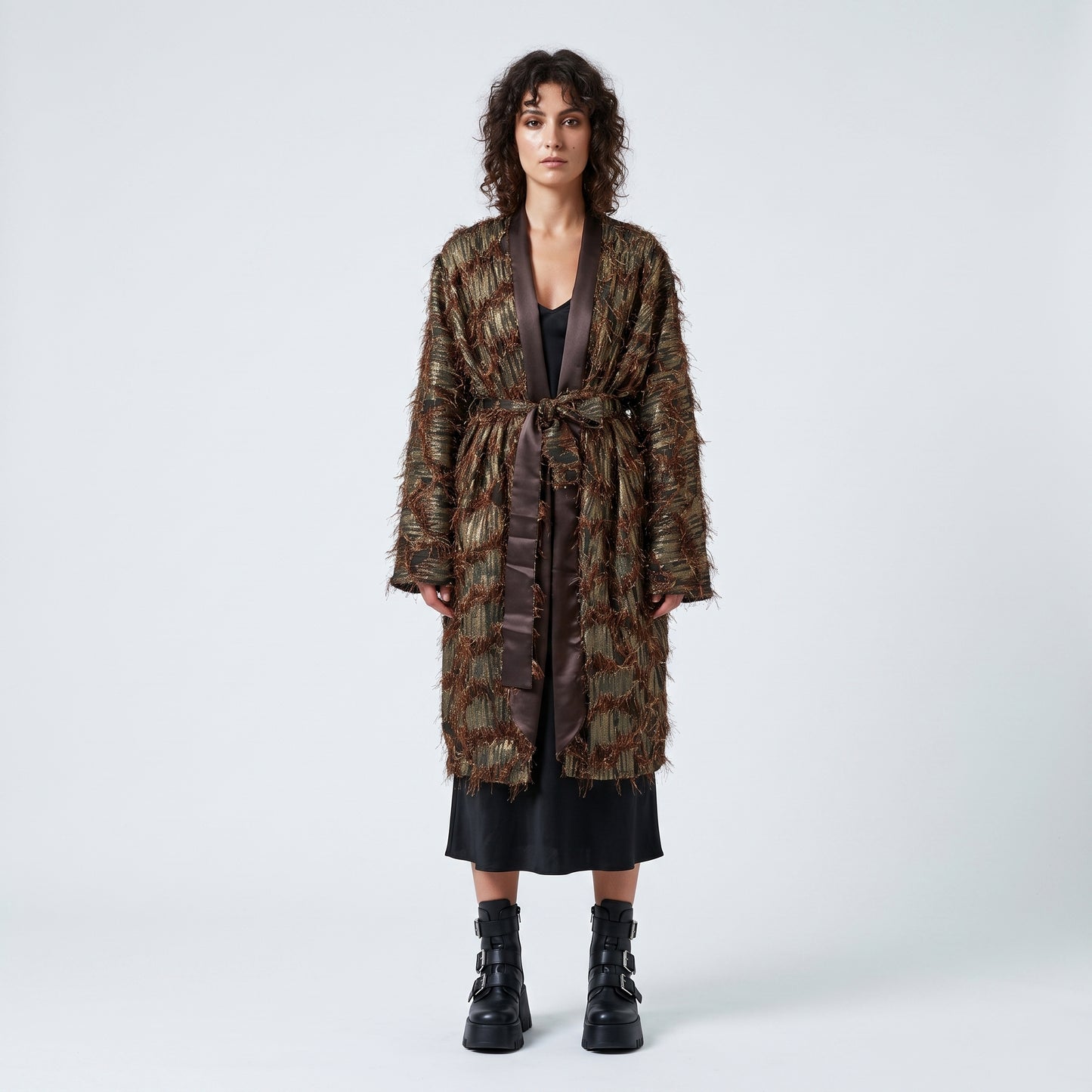Metallic Fringed Belted Kimono Coat