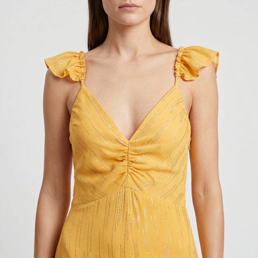 Metallic Ruffle Strap Maxi Dress