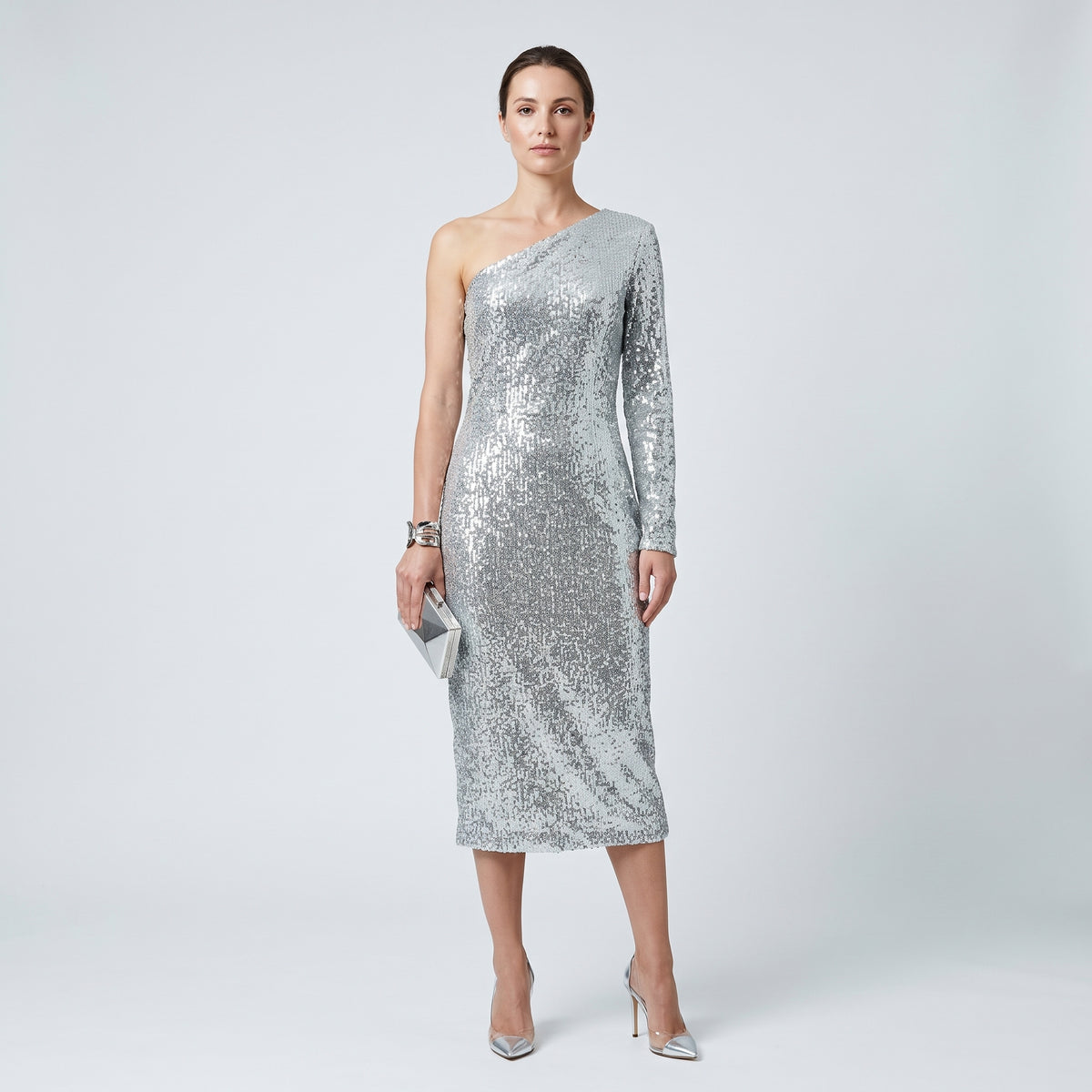 One-Shoulder Silver Sequin Dress
