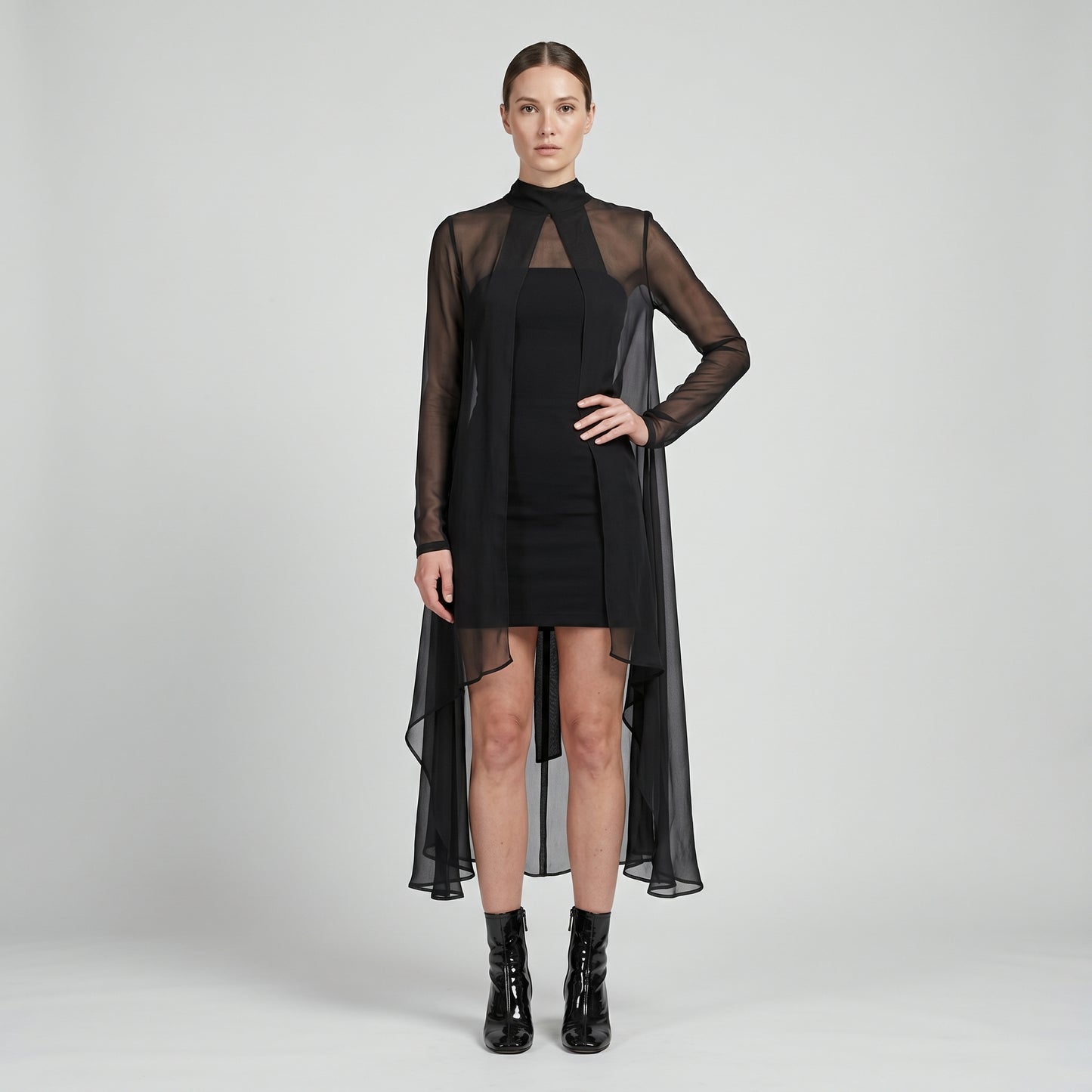 Asymmetric Sheer Mock Neck Top