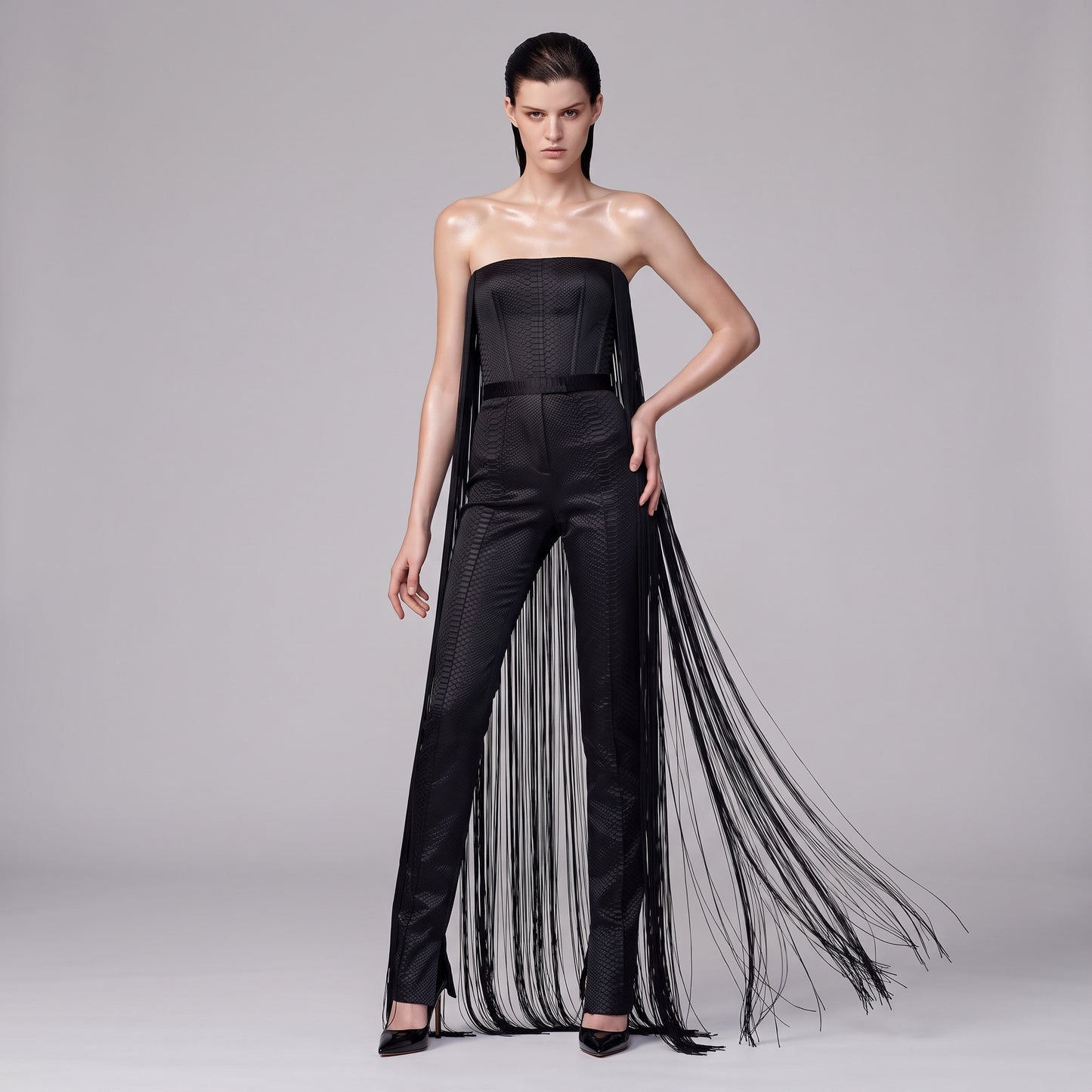 Fringe Embellished Strapless Trouser Set