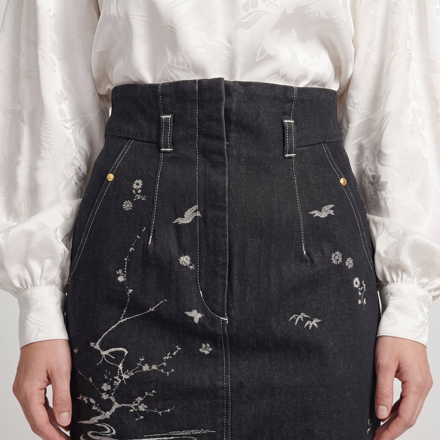 Embroidered Botanical Denim Pencil Skirt