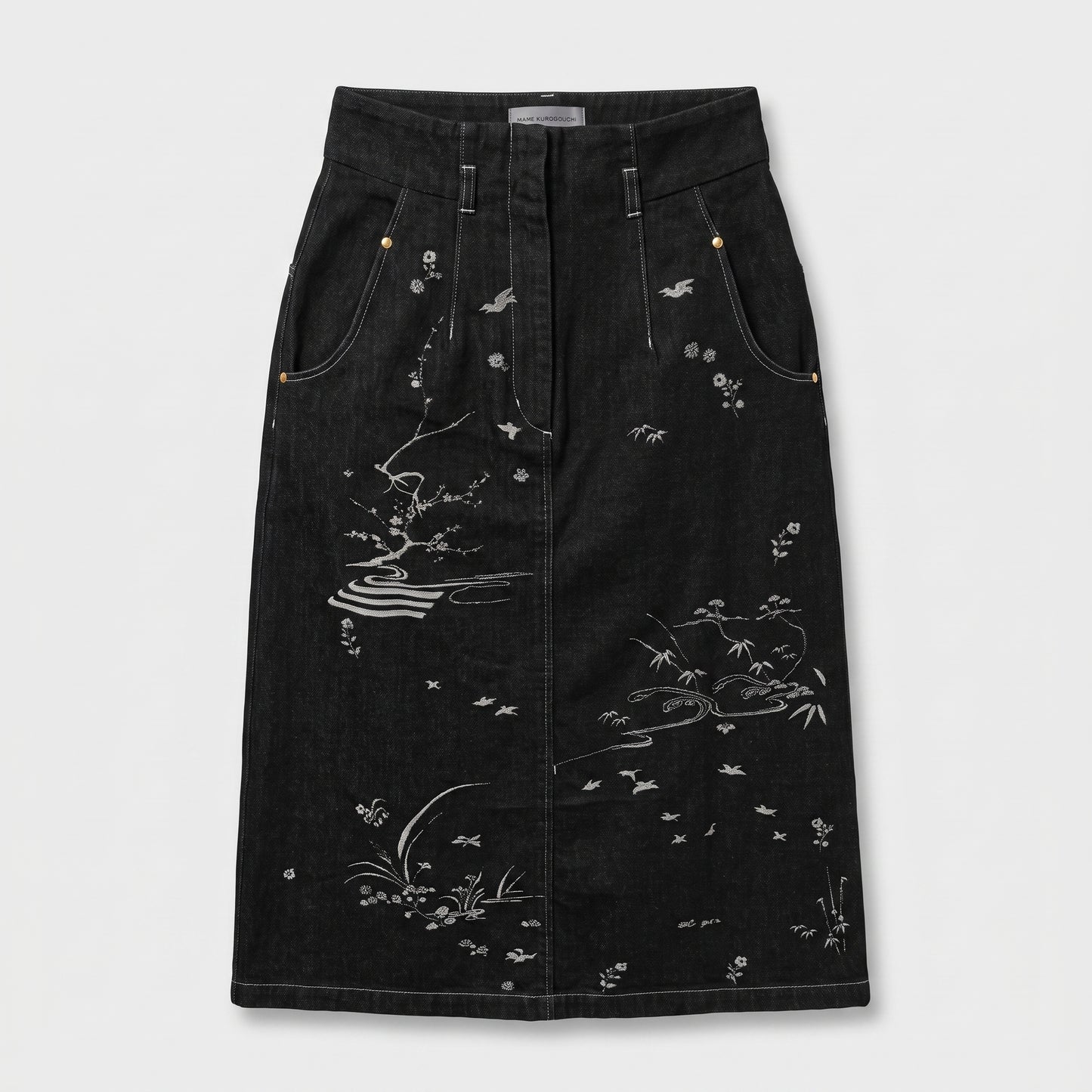 Embroidered Botanical Denim Pencil Skirt