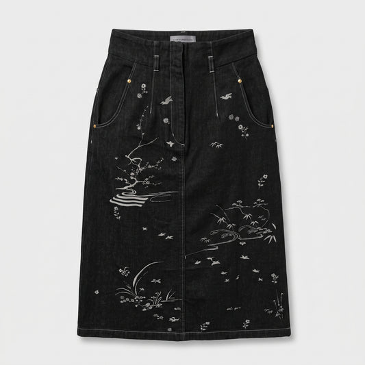 Embroidered Botanical Denim Pencil Skirt