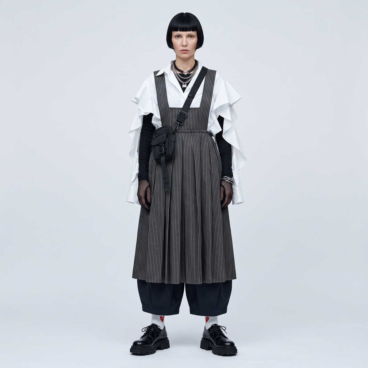 Pinstripe Gathered Pinafore Dress