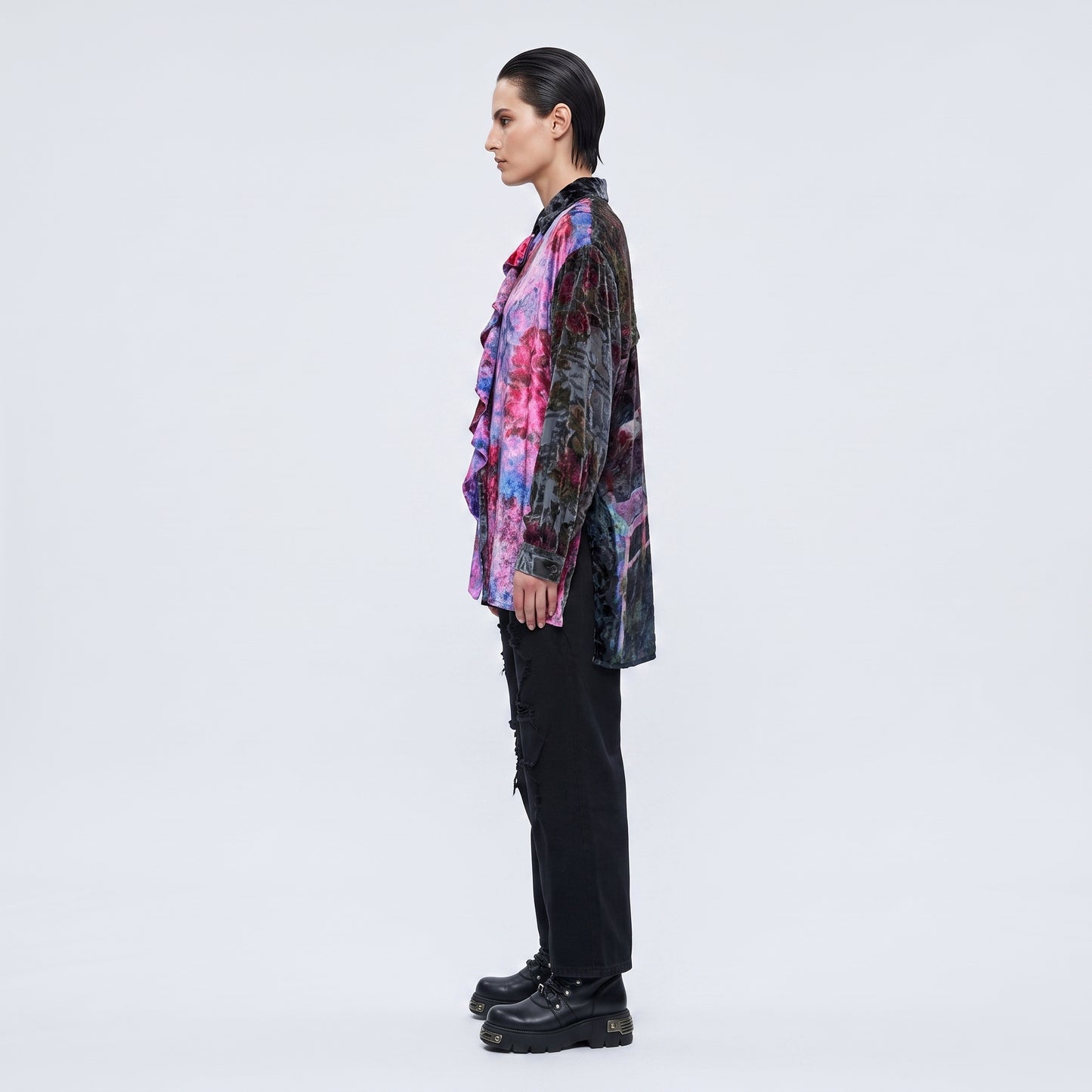 Floral Ruffle Velvet Shirt