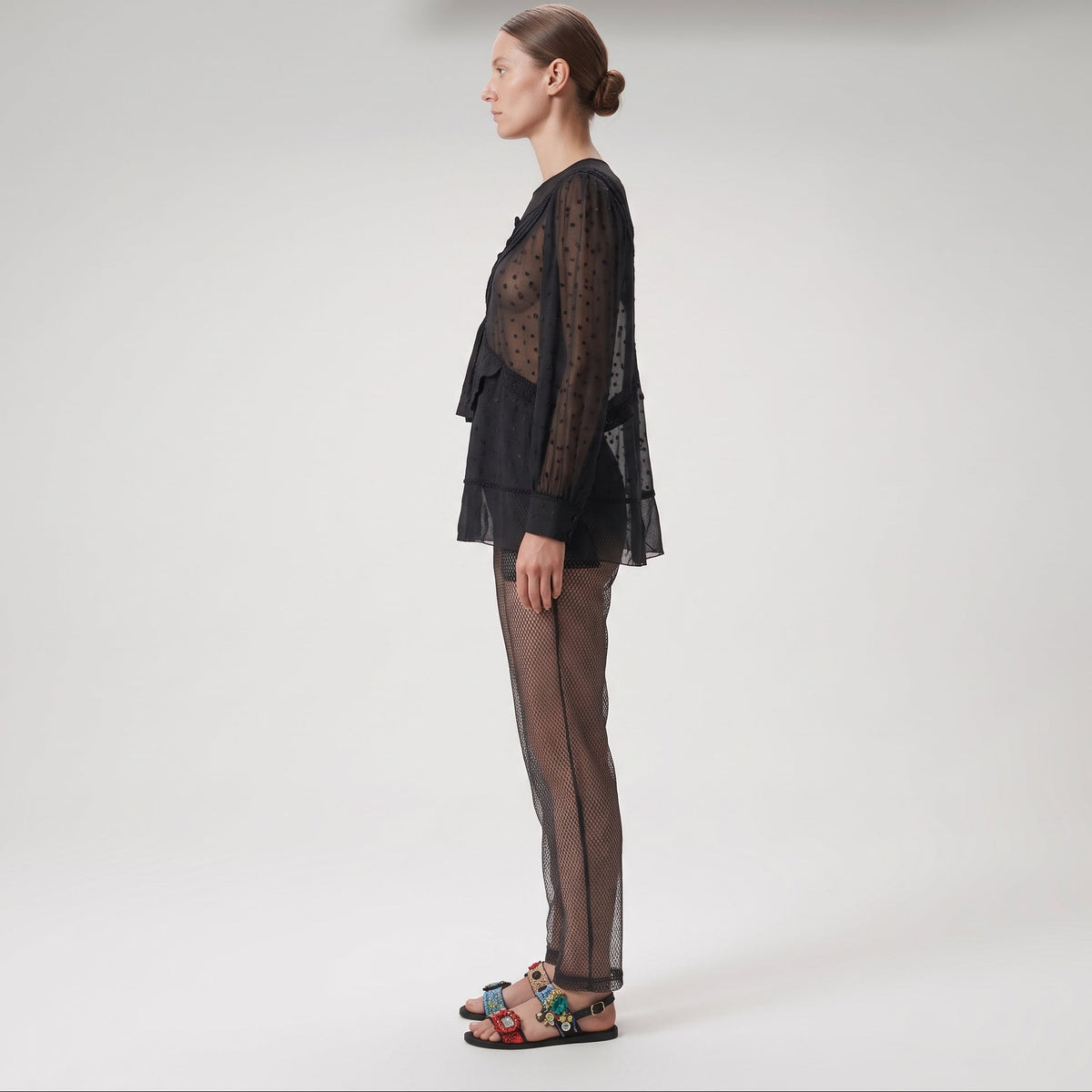 Embroidered Sheer Long Sleeve Blouse