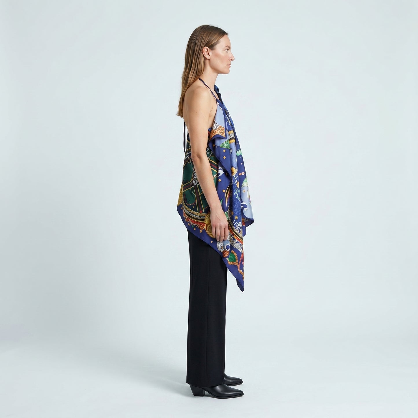 Asymmetric Scarf Detail Blue Shirt