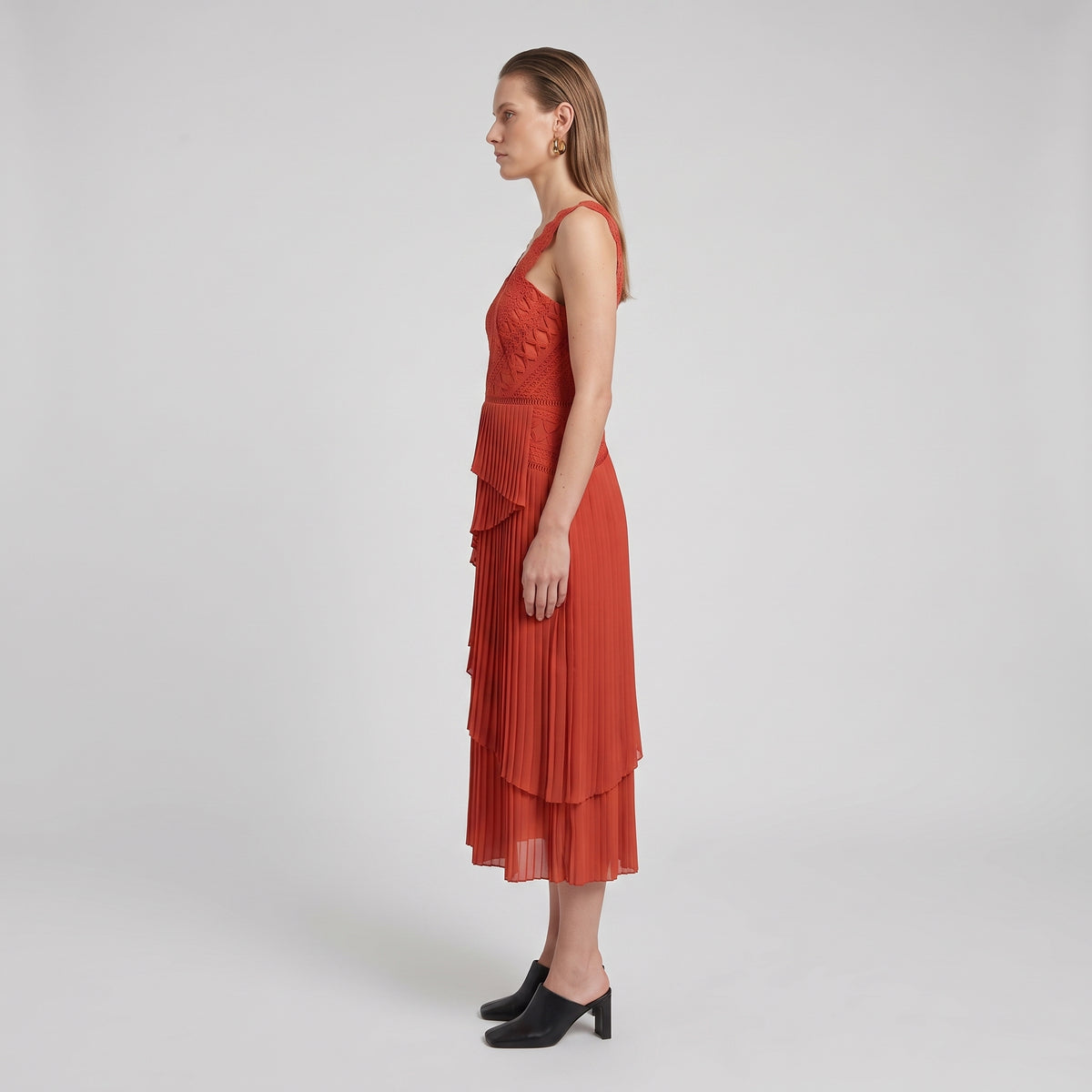 Rust Pleated Lace Midi Dress