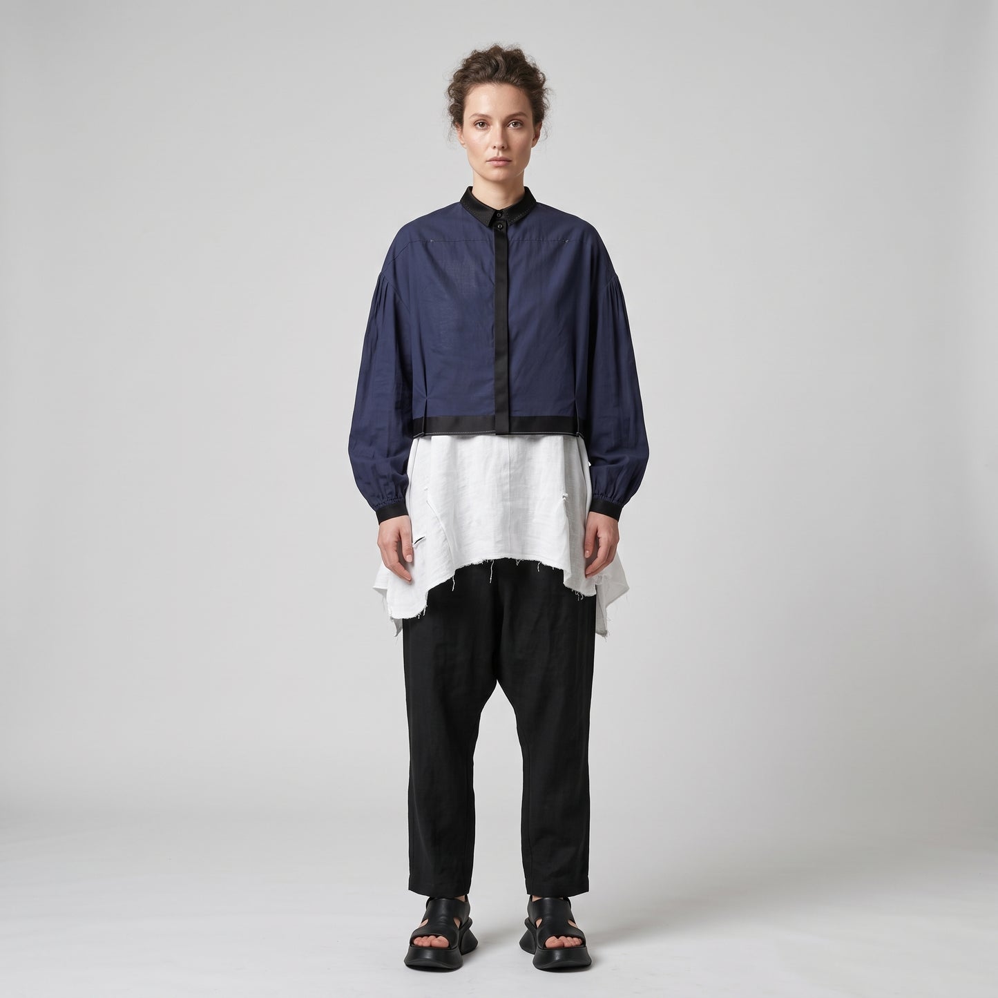 Contrast Trim Navy Cotton Blouse
