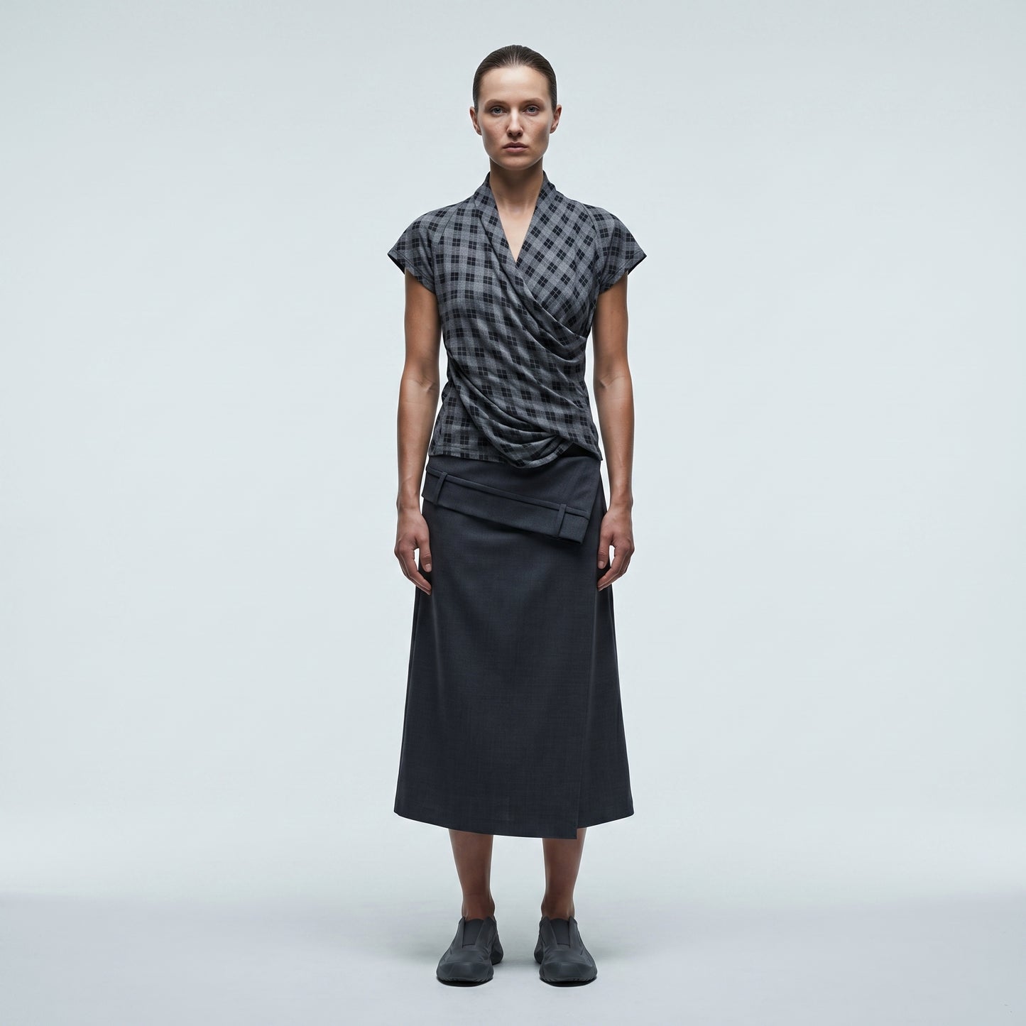 Grey Checked Draped Wrap Top