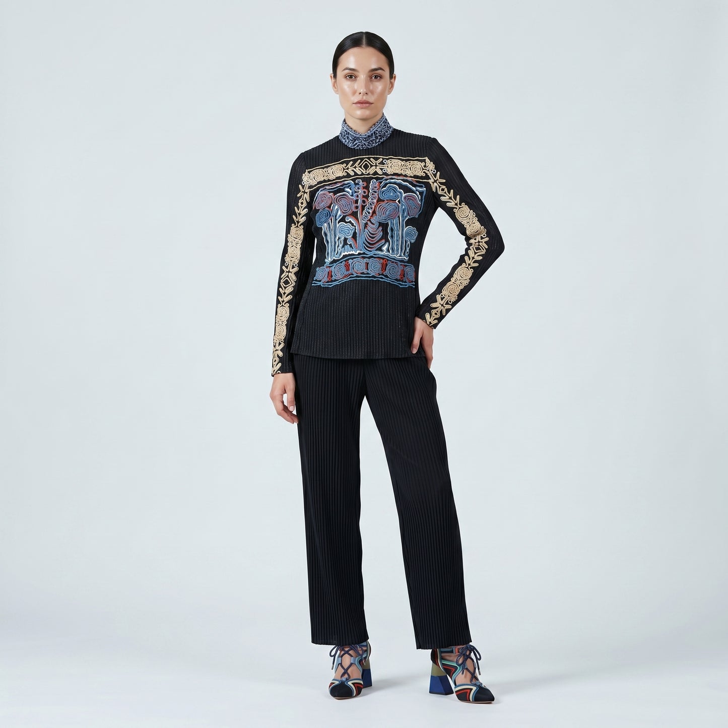 Embroidered Mock Neck Jersey Top