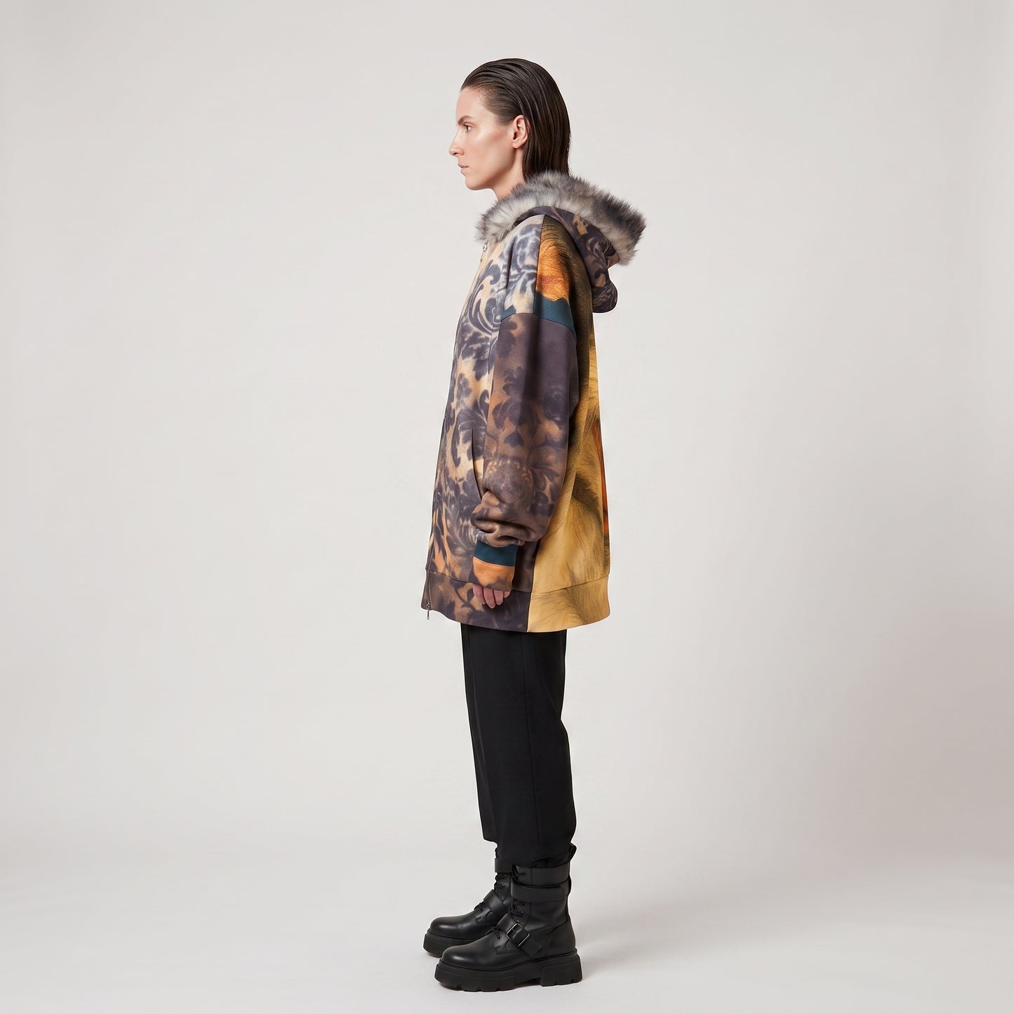 Damask Print Faux Fur Jacket