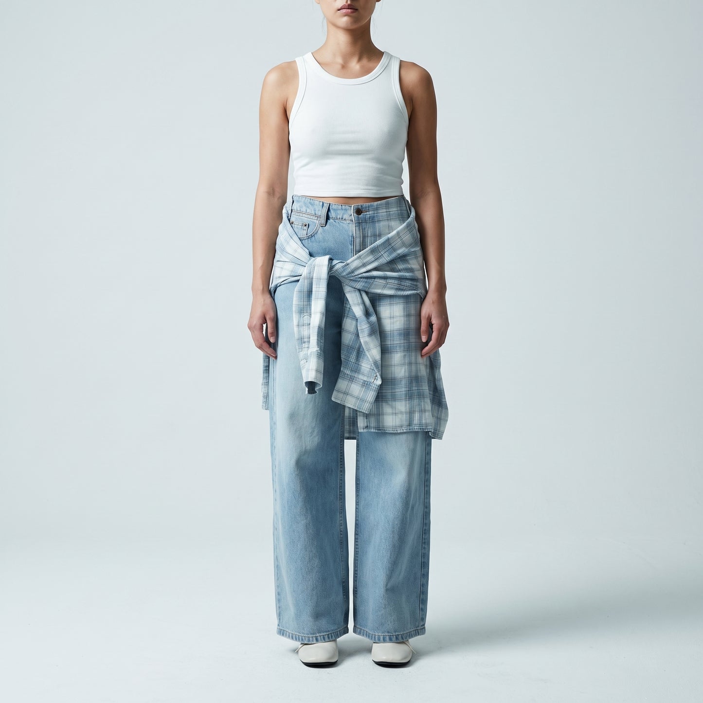 Layered Plaid Wide Leg Jeans