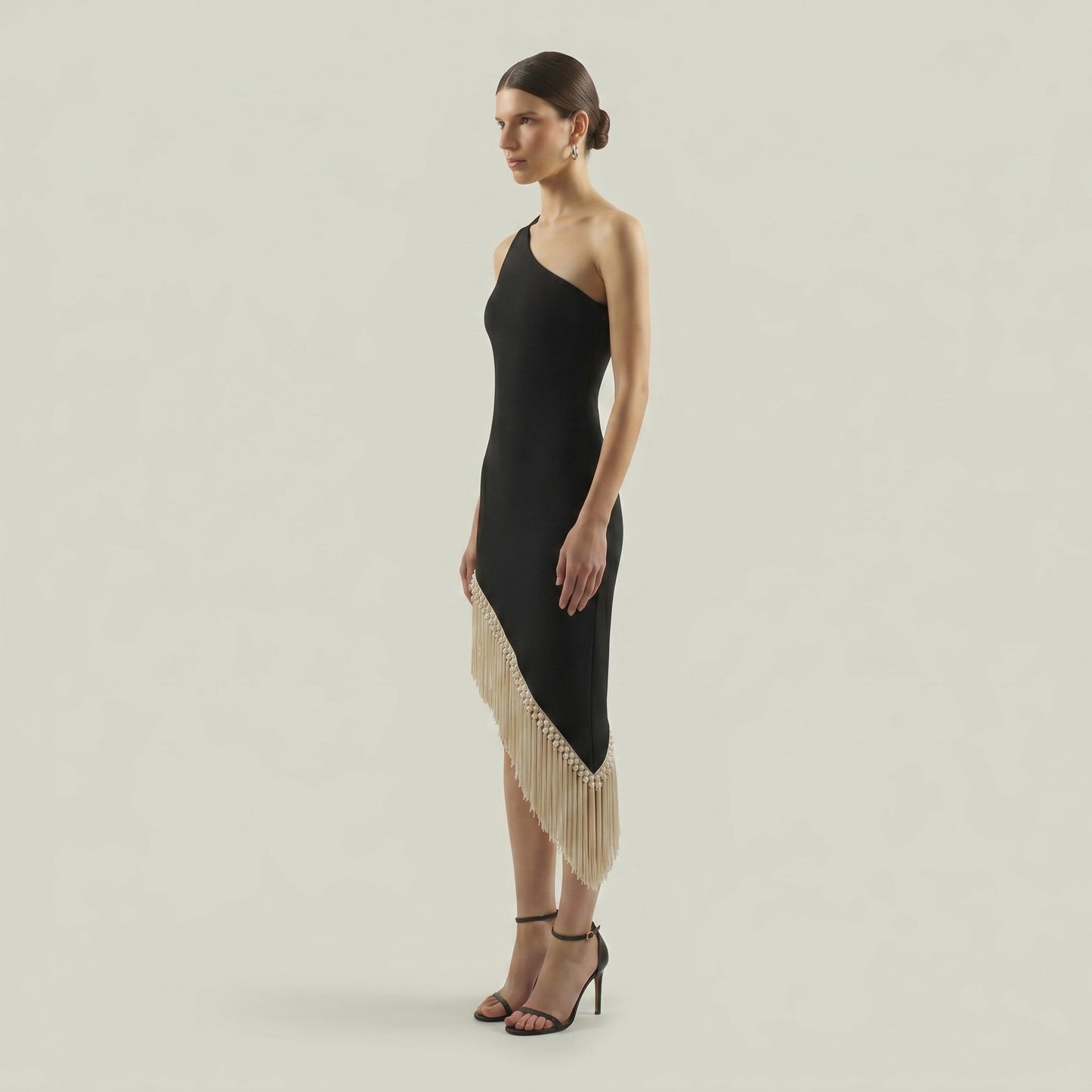 One-Shoulder Fringe Midi Dress