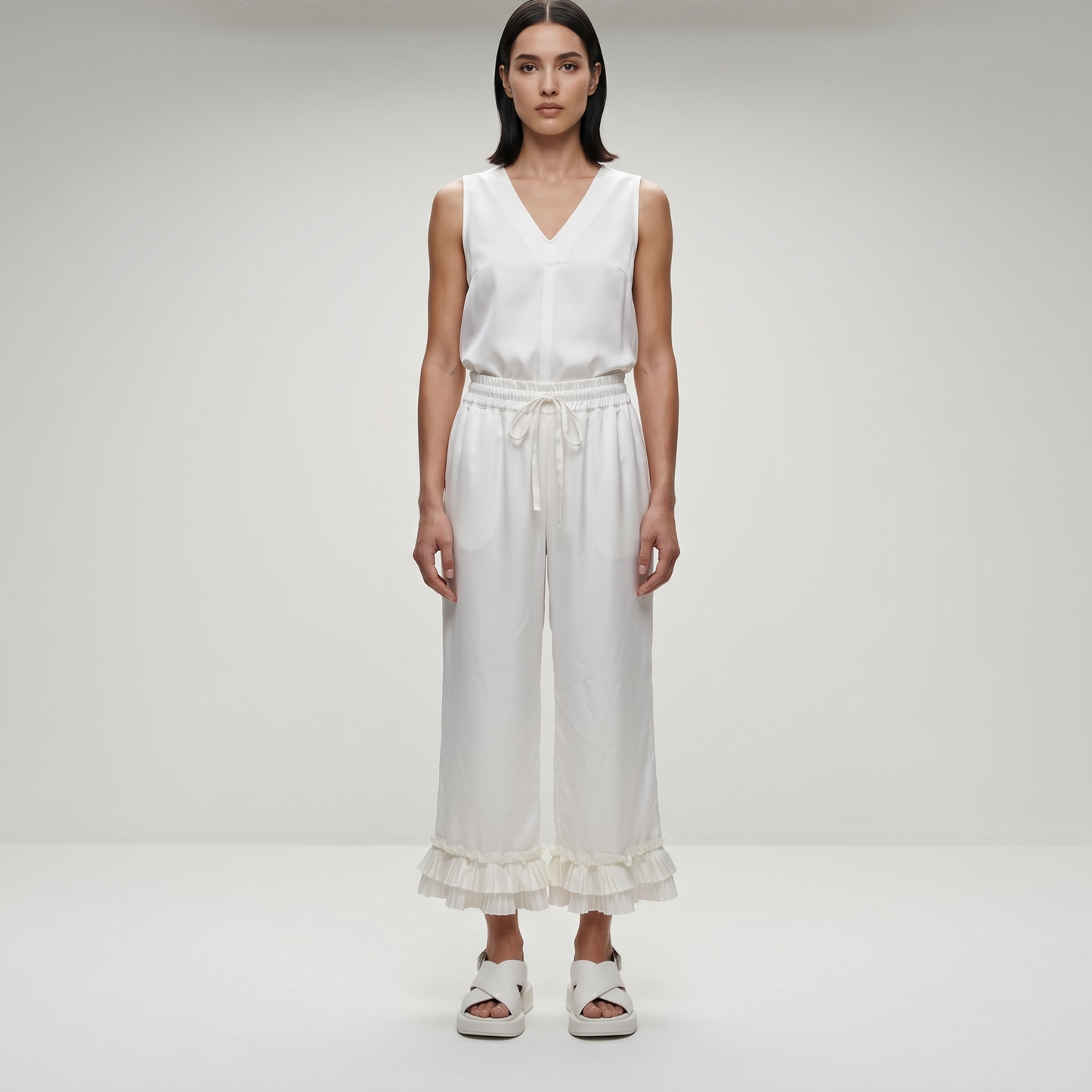 Ruffled Hem Wide-Leg Trousers