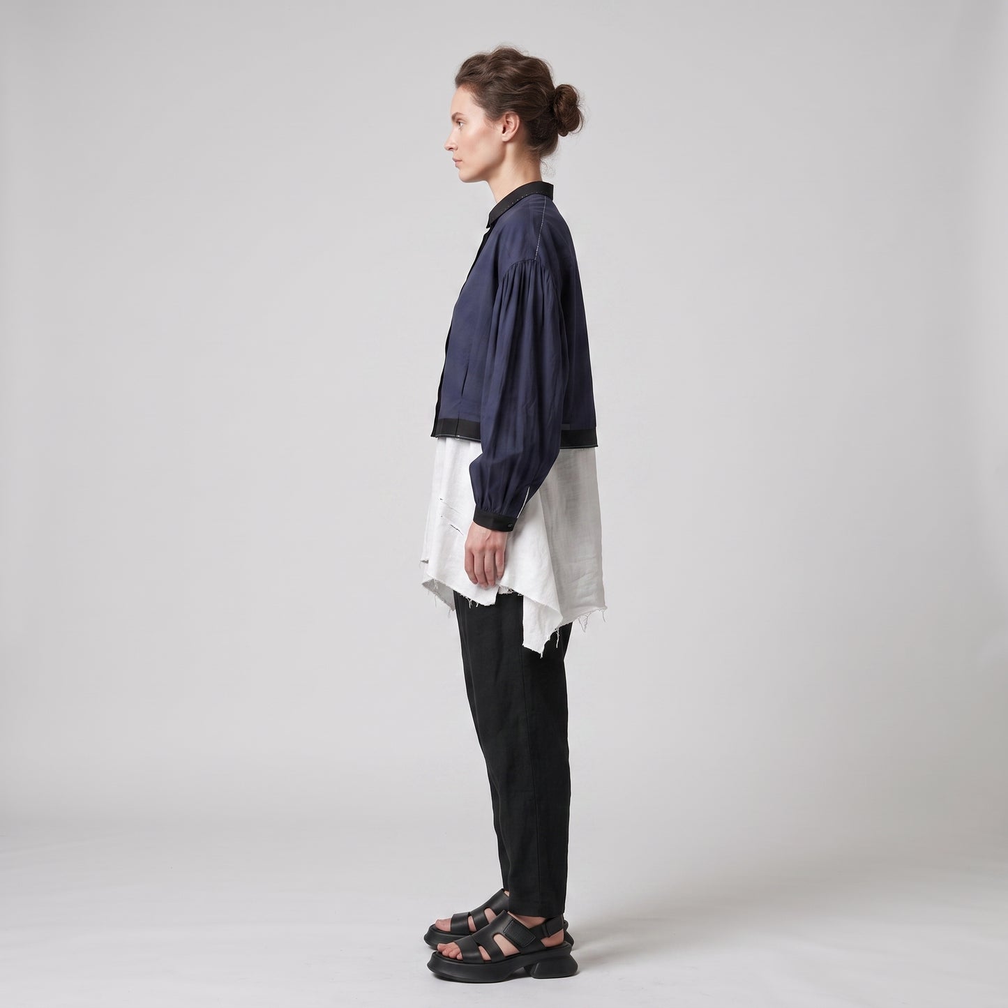 Contrast Trim Navy Cotton Blouse