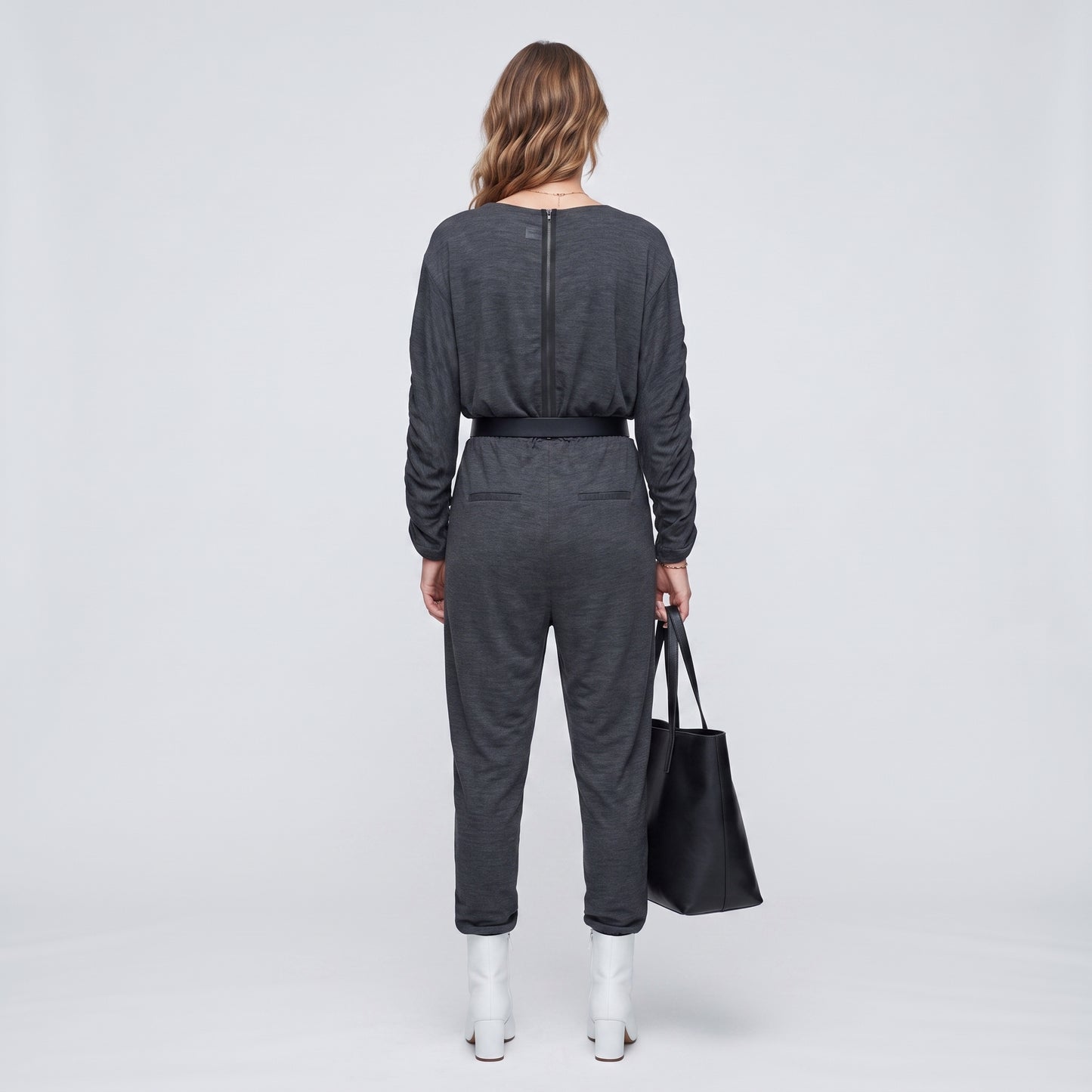 Charcoal V-Neck Ruched Jumpsuit