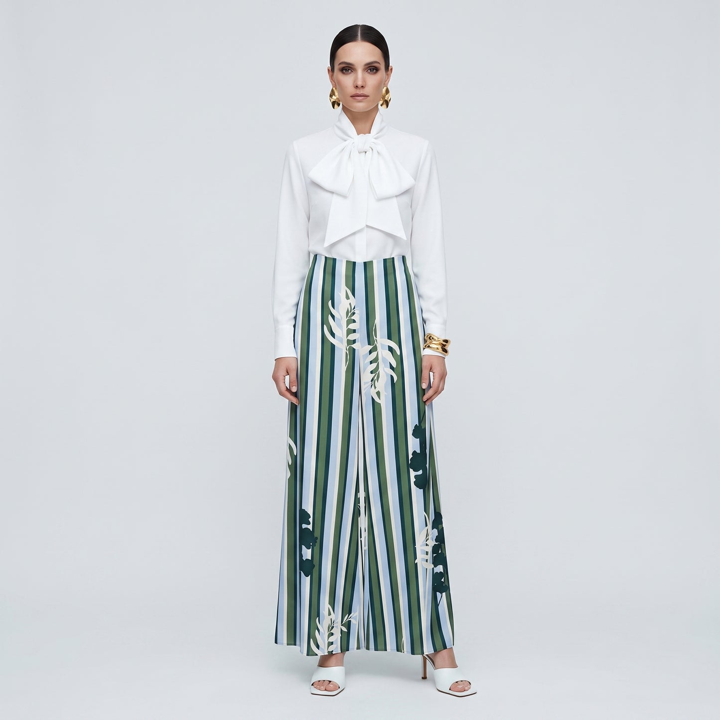 Striped Botanical Wide-Leg Trousers