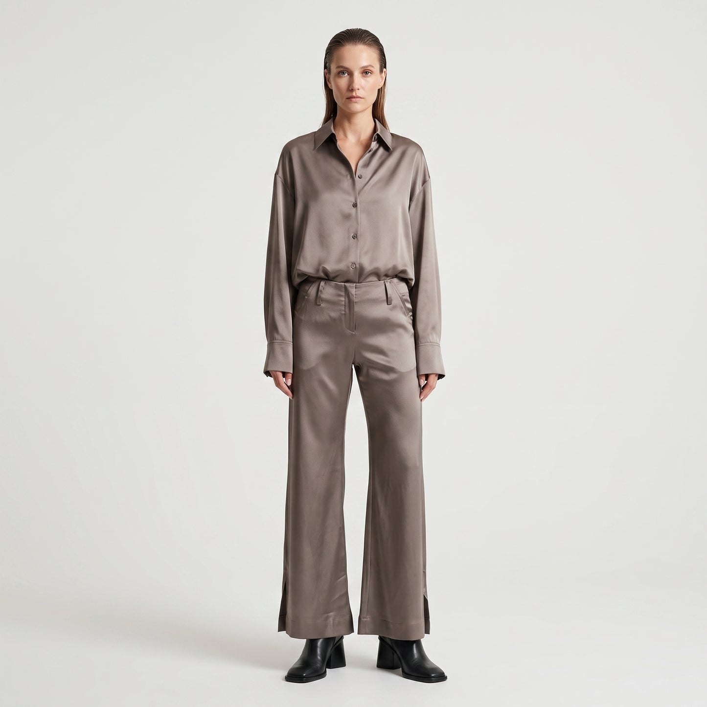 Satin High-Waisted Wide-Leg Trousers