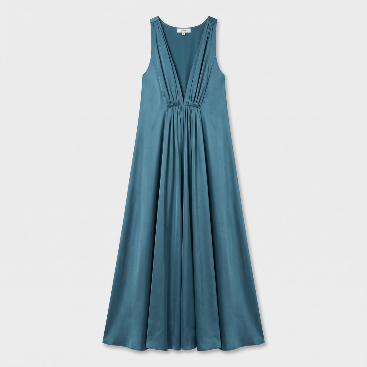 Pleated Satin V-Neck Gown