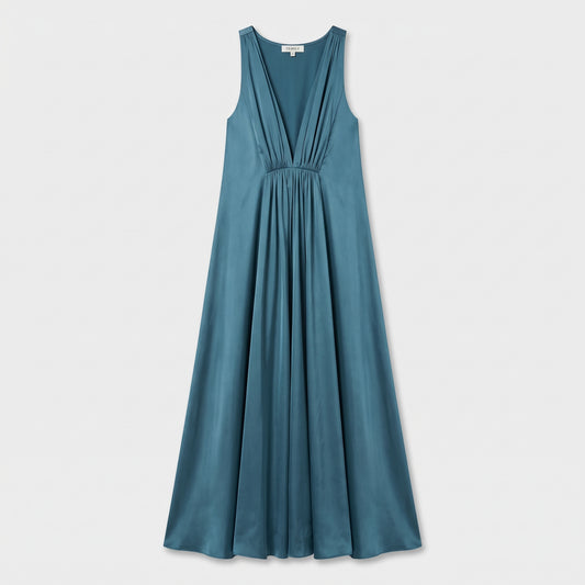Pleated Satin V-Neck Gown