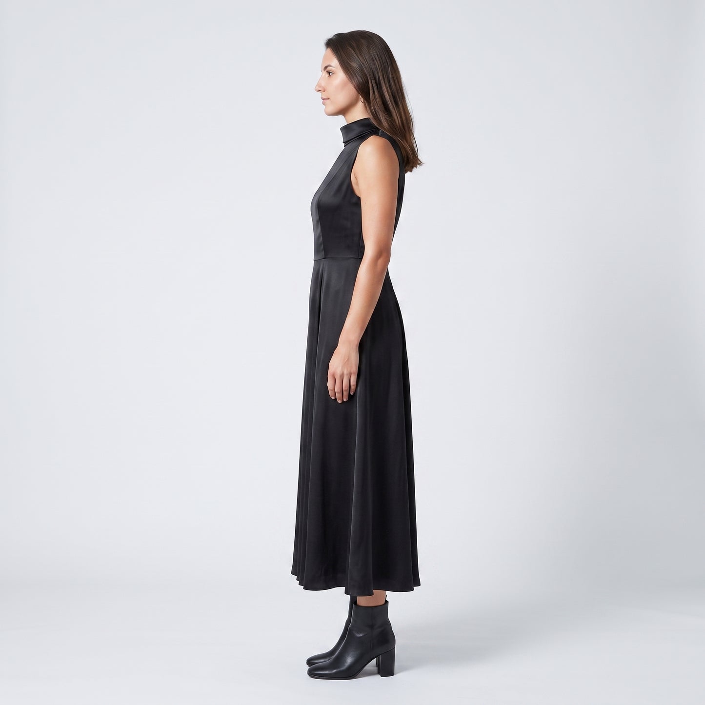 Sleeveless Satin Mock Neck Dress