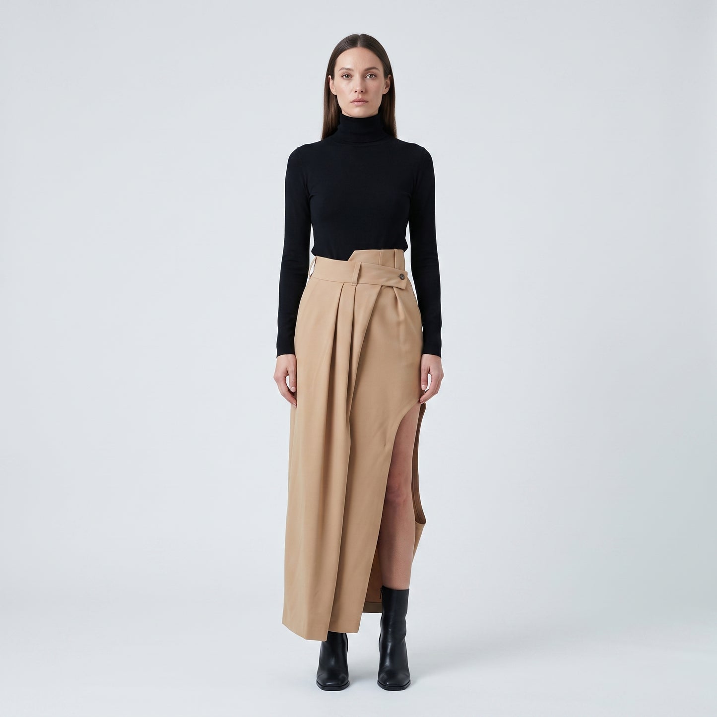 Asymmetric Tailored Beige Midi Skirt