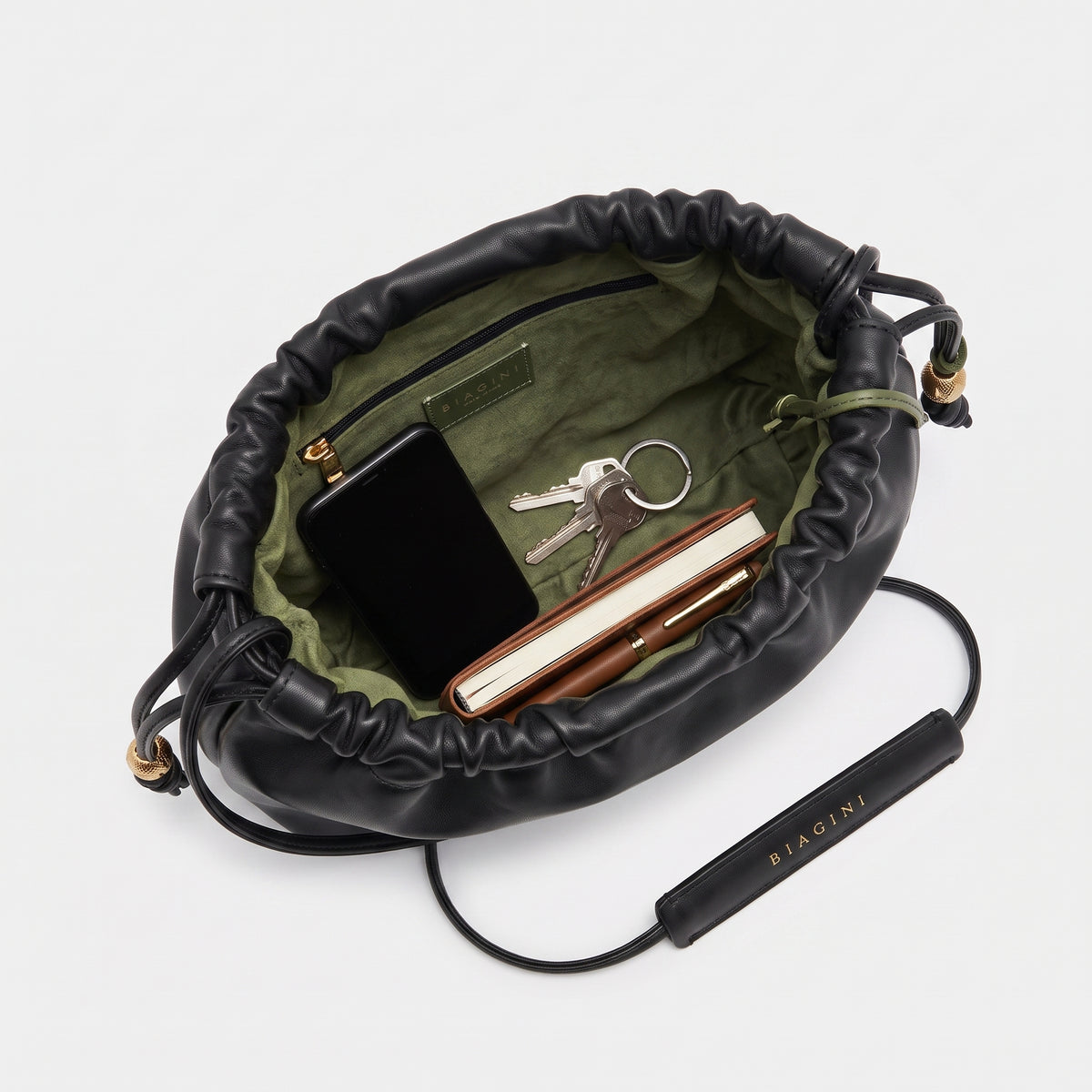 Ruched Leather Drawstring Crossbody Bag