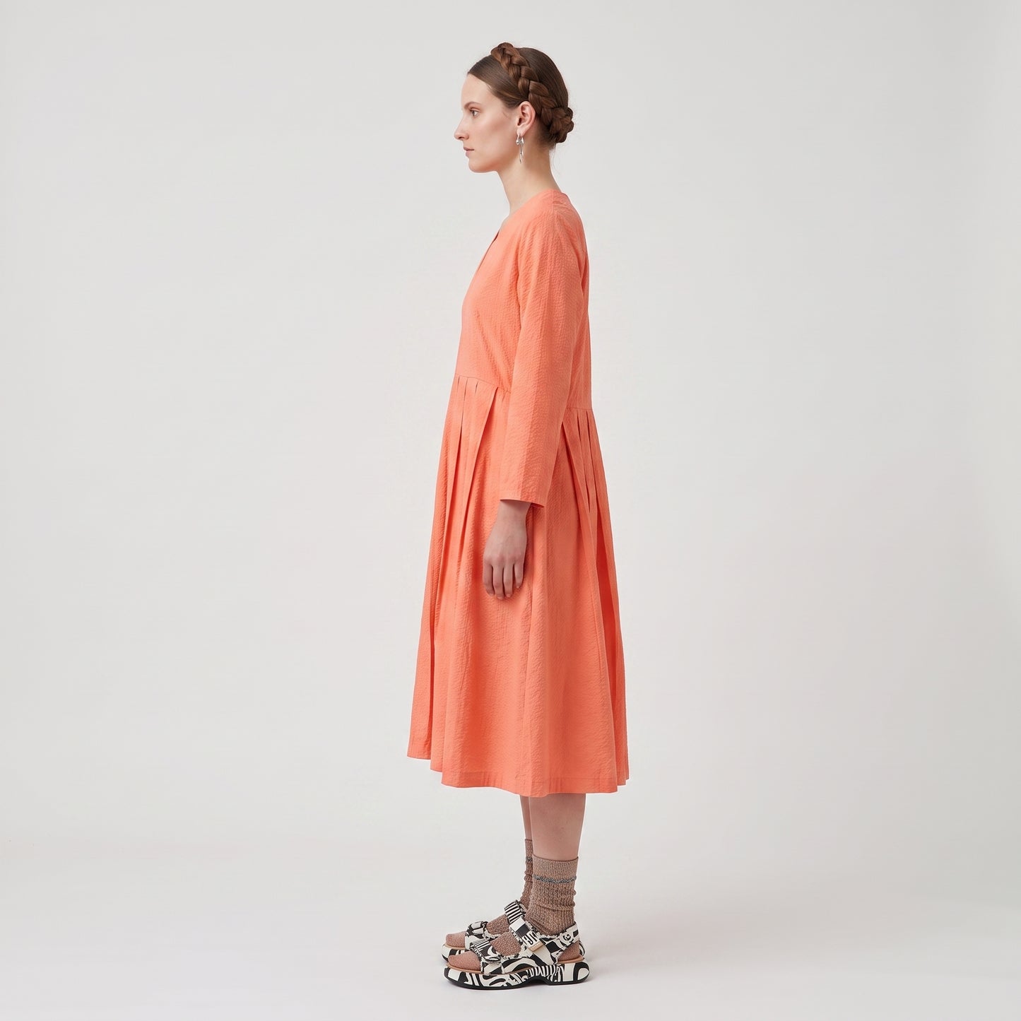Pleated V-Neck Coral Dress