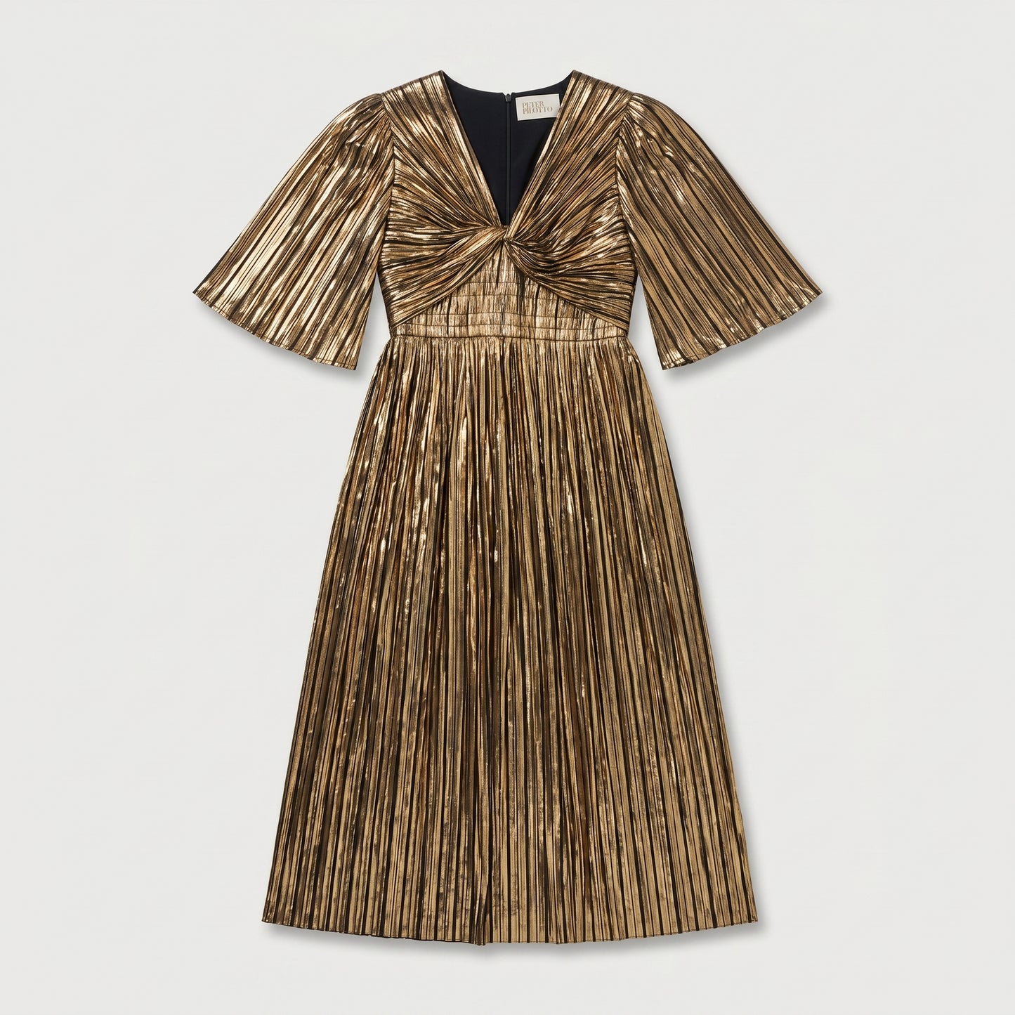 Metallic Pleated Gold Midi Dress