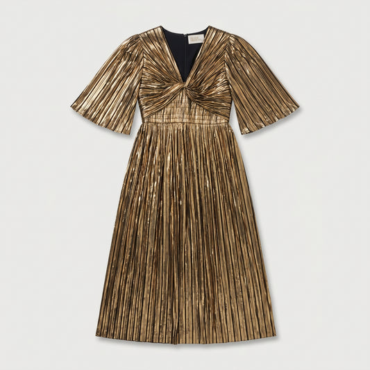 Metallic Pleated Gold Midi Dress