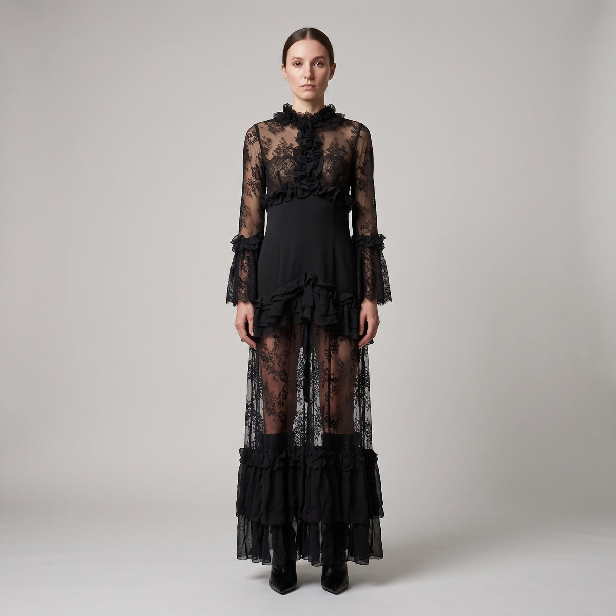 Black Ruffled Lace Midi Dress