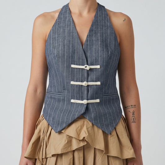 Pinstripe Denim Halter Vest